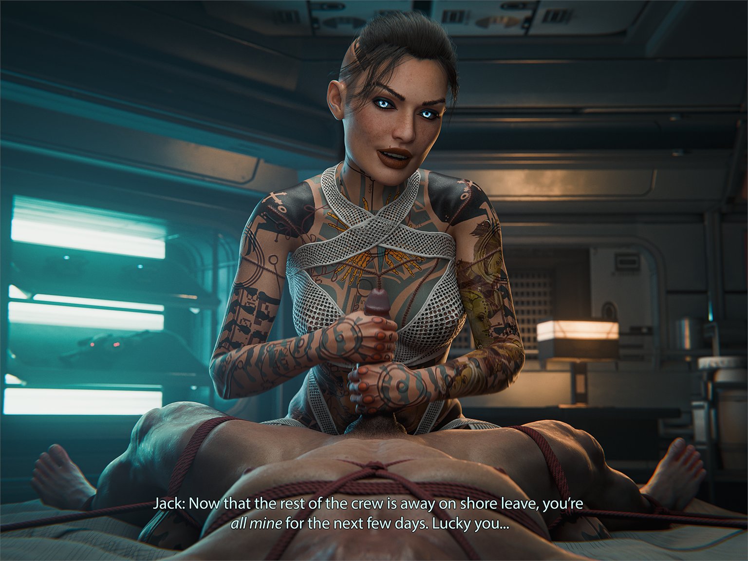 1boy, 1girls, 3d, anonymous male, big penis, black hair, blue eyes, bondage, clothed female nude male, detailed background, dialog, dialogue, double handjob, dubious consent, female, femdom, glowing eyes, handjob, jack (mass effect), light-skinned female, light-skinned male, lipstick, looking at viewer, male, male pov, malesub, mass effect, mass effect 3, medium breasts, mesh clothing, on back, on bed, scar, scar on lip, scarification, scars, shibari, short hair, tattoo, tattoos, tattoos everywhere, tied to bed, tied up, waywardsfm