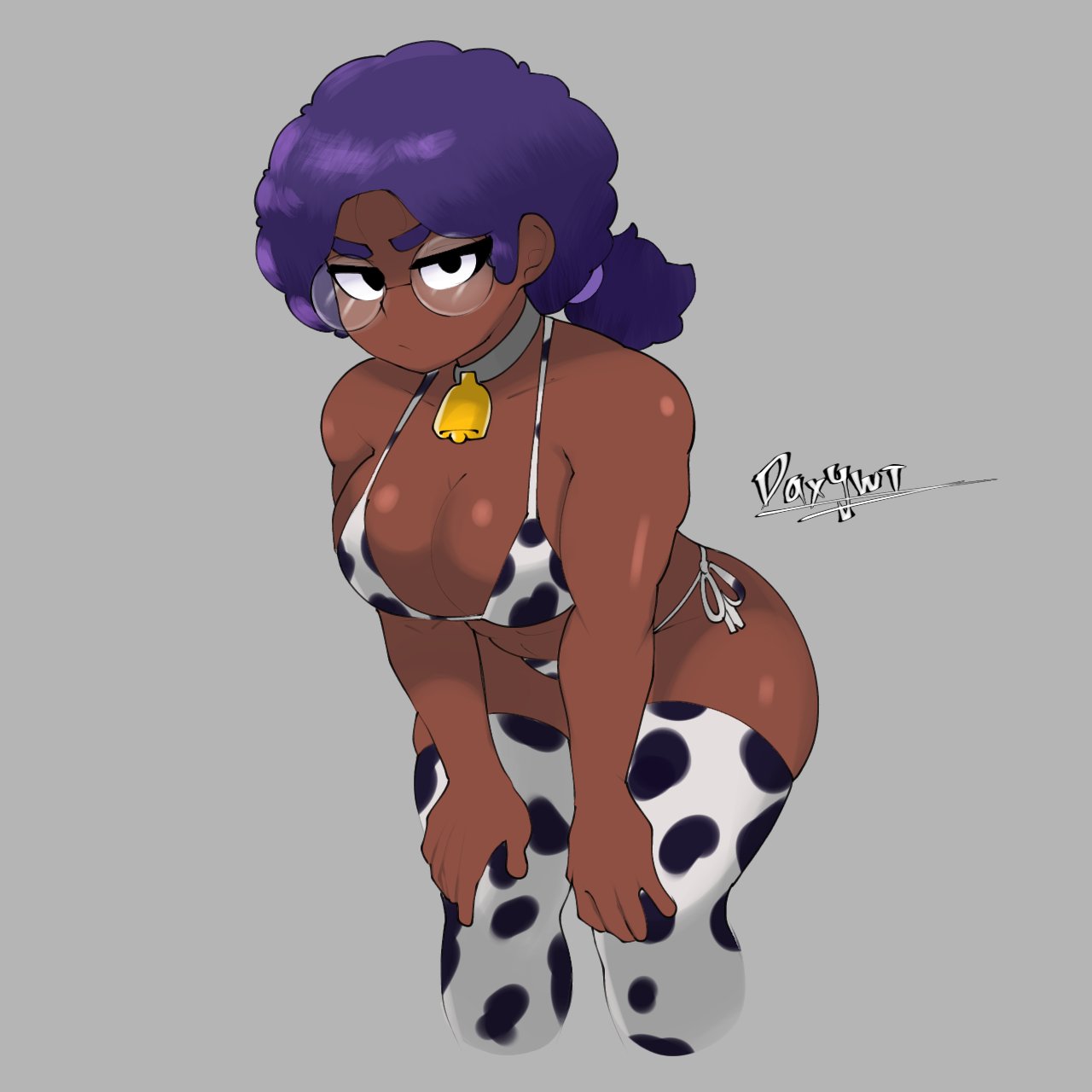 1girls, 2026, 2d, big breasts, bikini, brawl stars, breasts, cleavage, cowbell, cowbell collar, cowprint, cowprint bikini, cowprint thighhighs, curvy, dark skin, dark-skinned female, daxywt, eyewear, female, female only, glasses, grey background, hair, looking at viewer, plain background, purple hair, rosa (brawl stars), solo, swimwear, thighhighs