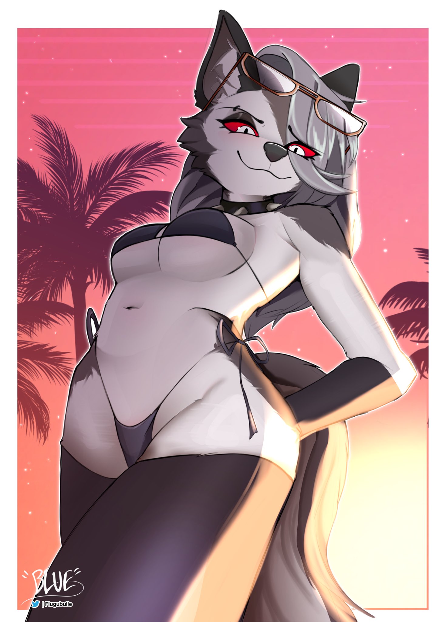 1female, 1girl, 1girls, 2026, belly, belly button, bikini, bikini bottom, bikini top, black bikini, boobs, breasts, female, female only, flugublue, furry, furry breasts, furry ears, furry female, furry only, furry tail, glasses on head, grey fur, grey hair, hellaverse, helluva boss, loona (helluva boss), red eyes, tagme, tail, thighhighs, tits, white fur