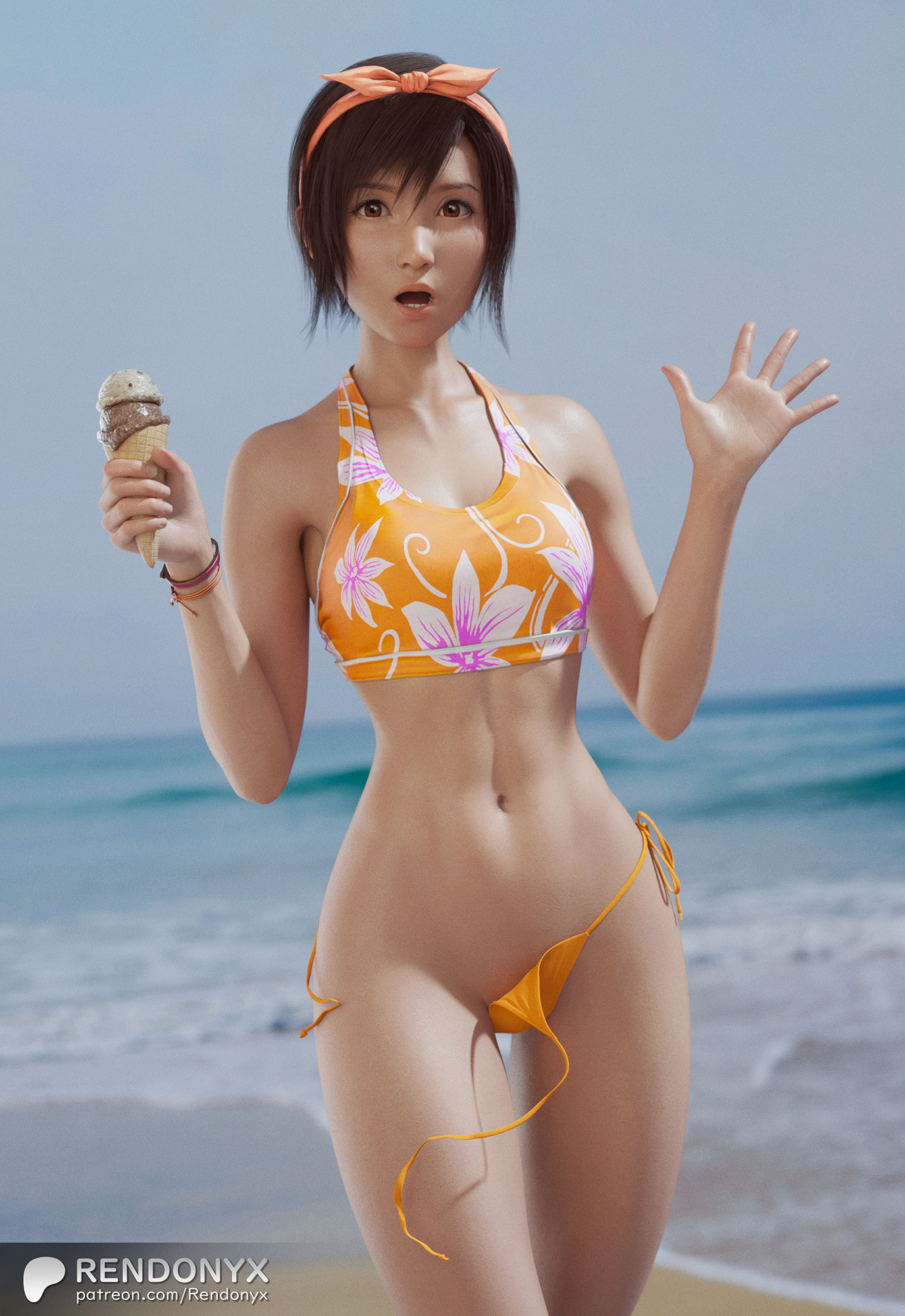3d, accidental exposure, beach, bikini, final fantasy, final fantasy vii, ice cream, rendonyx, shocked, shocked expression, tagme, yuffie kisaragi