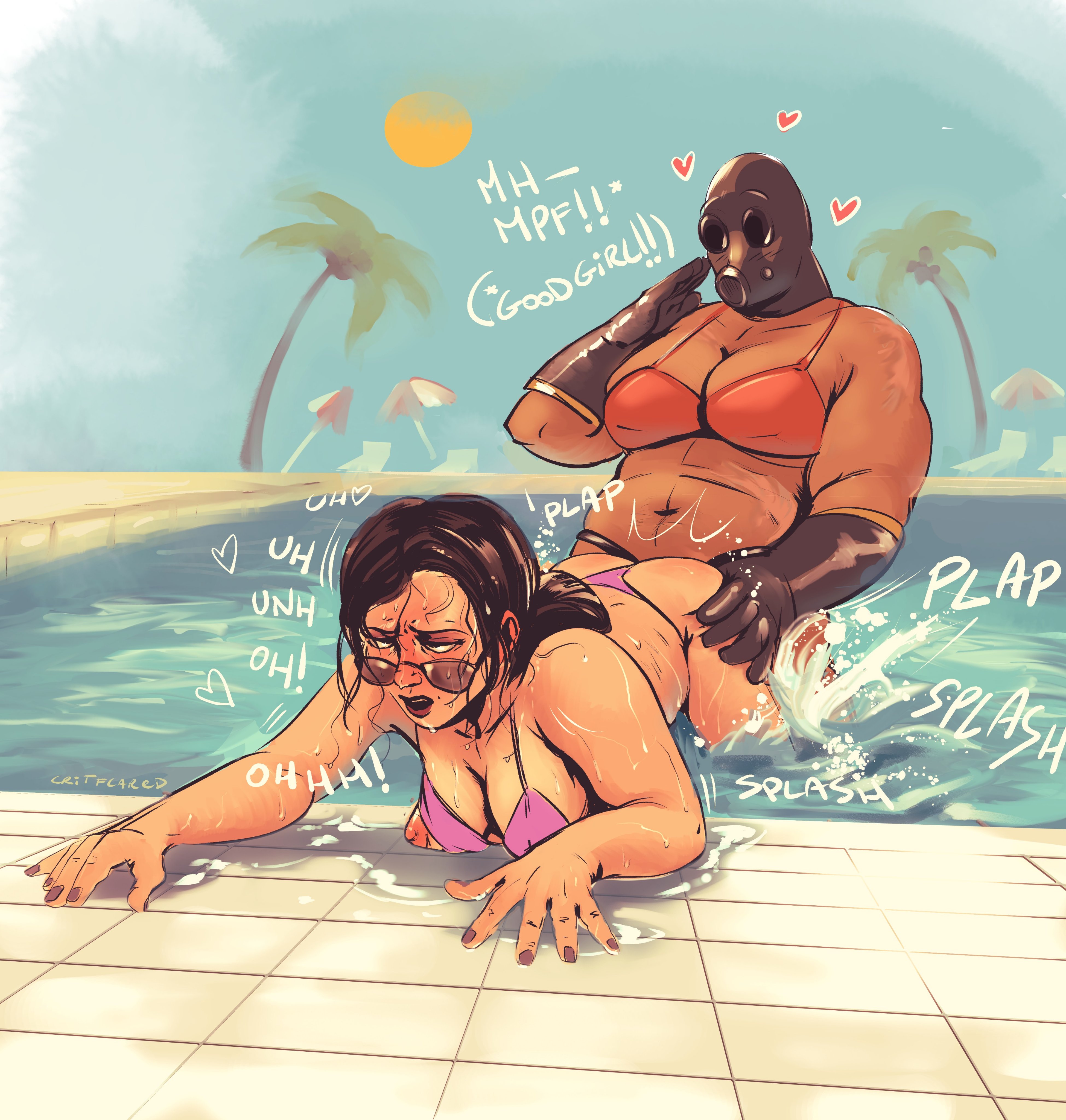 2girls, ass grab, bikini, bikini bottom, bikini top, black gloves, black hair, black mask, breasts, butch, clothing, critflared (artist), dialogue, doggy style, female, female only, female/female, fempyro, gas mask, glasses, gloves, grabbing ass, hand on ass, hearts, human, human on human, human only, light skin, light-skinned female, long hair, mammal, mask, masked female, mature, mature female, miss pauling, open mouth, outdoors, pool, purple bikini, purple bikini bottom, purple bikini top, pyro (team fortress 2), red bikini, red bikini top, sex, strap-on, strap-on dildo, sun, tan, tan-skinned female, team fortress 2, text, tf2, tree, water, yuri