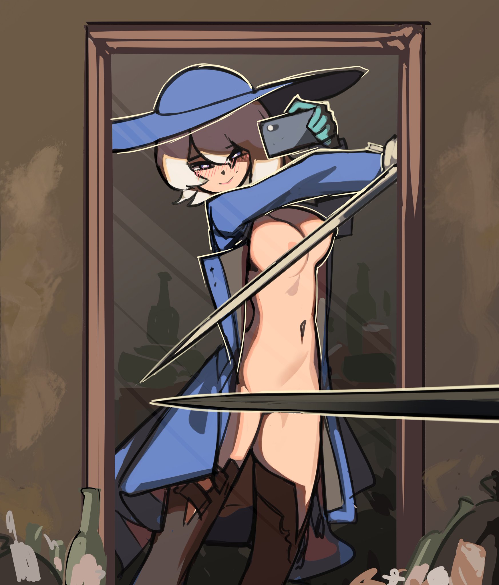 breasts, centurii-chan, coat, covered nipples, covering crotch, covering pussy, hat, headgear, hi res, mirror, mirror selfie, open clothes, open coat, phone, rapier, rapier waifu (centurii-chan)