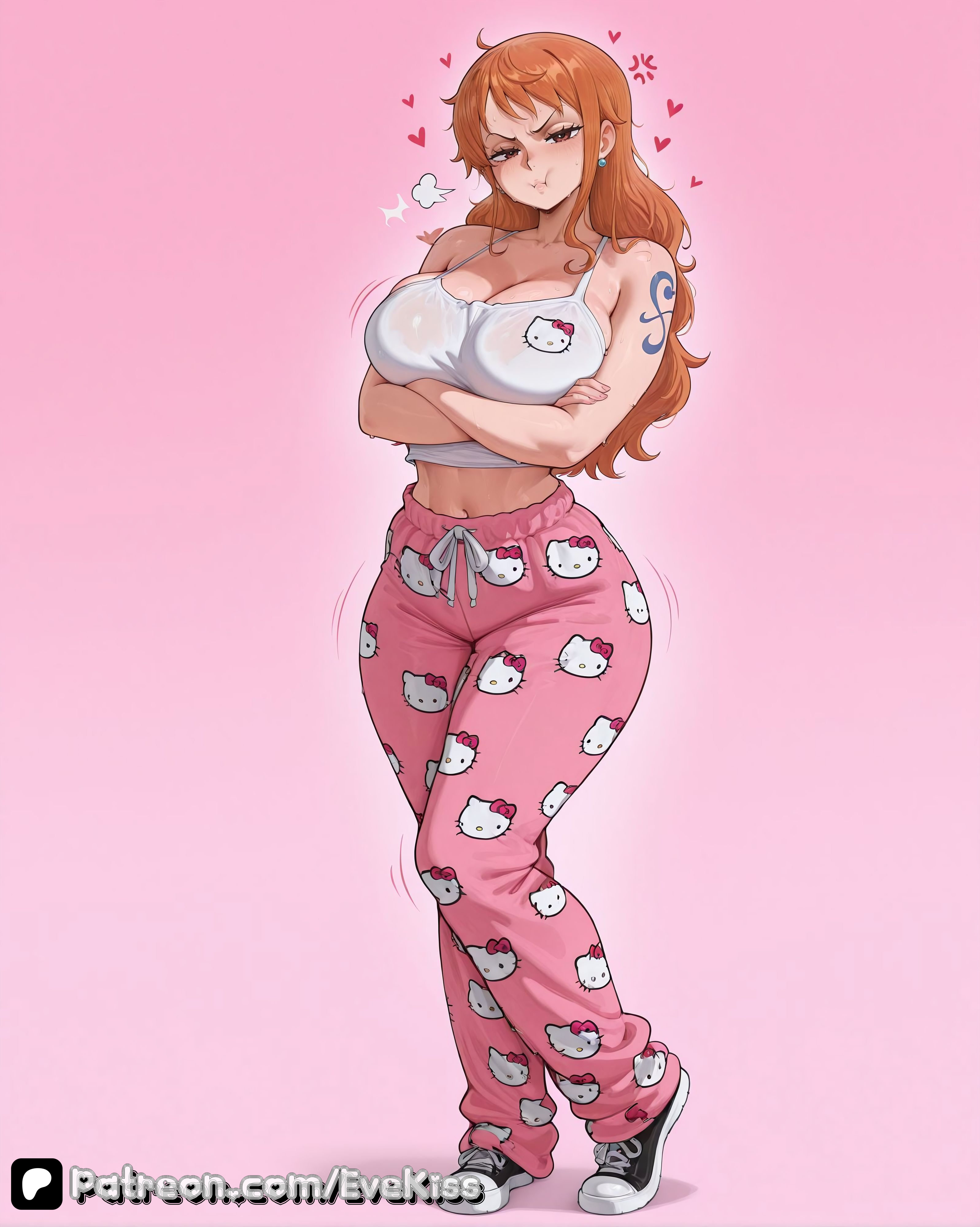 1girl, 1girls, ai generated, arm tattoo, bangs, blue tattoo, breasts, breasts,, brown eyes, camel toe, cameltoe, cleavage, clothed, clothed female, curvy, curvy figure, evekiss, female, female focus, female only, focus, fringe, fully clothed, ginger, ginger hair, large breasts, long hair, nami (one piece), nipples, nipples covered, nipples visible through clothing, one piece, orange hair, orange-haired female, pussy, red hair, sfw, solo, solo female, solo focus, tattoo, teeth, thick thighs, thighs, tight clothes, tight clothing, uncensored, wide hips