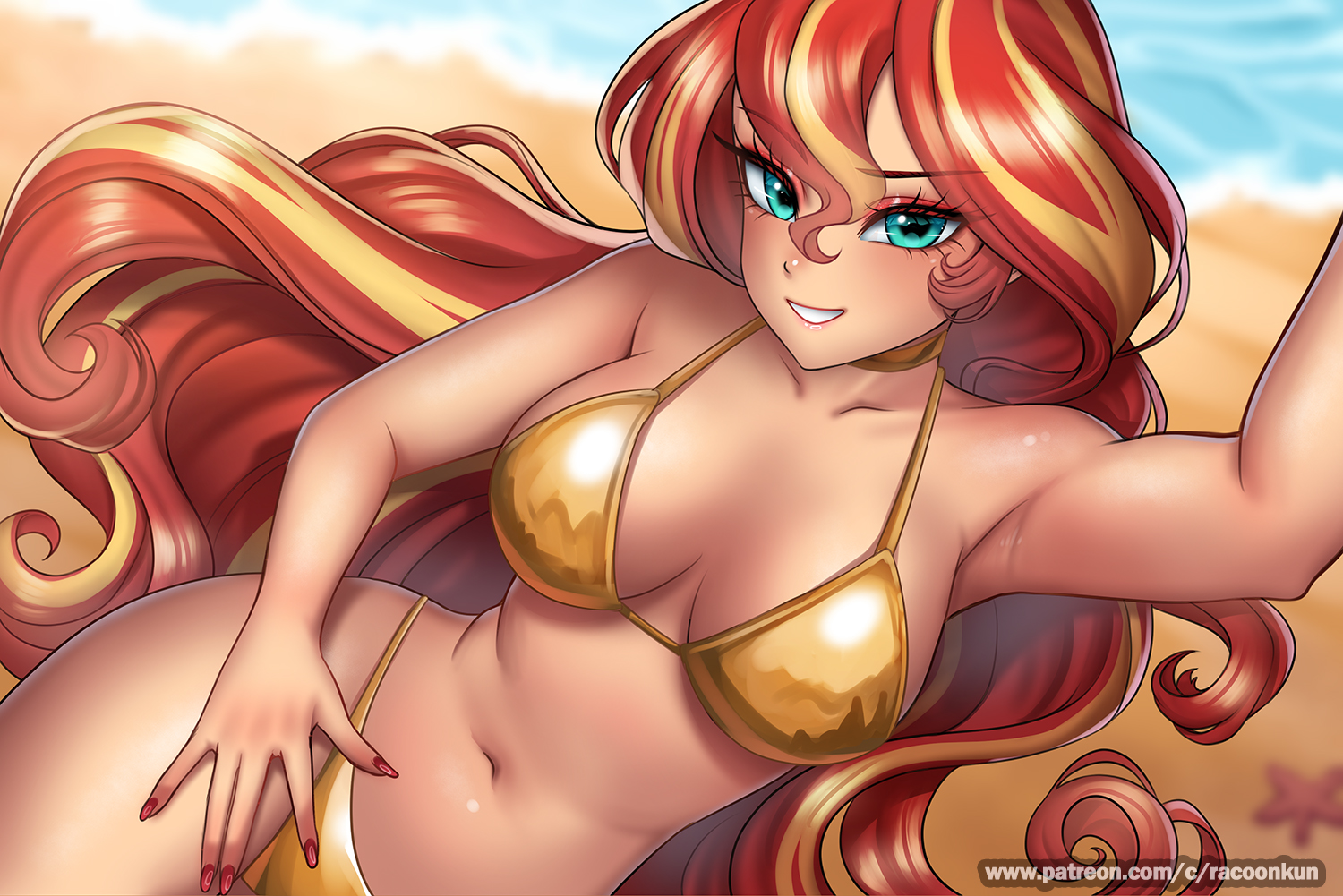 1girls, 2025, 2d, 5 fingers, aqua eyes, beach, belly, bikini, bikini bottom, bikini top, curvy, equestria girls, fanart from twitter, female, female protagonist, fingers together, gold bikini, gold bikini bottom, gold bikini top, gold bra, gold panties, gold swimsuit, golden week, golden week bikini, hasbro, human, humanized, humanized pony, long hair, looking at viewer, my little pony, navel, no ai, patreon url, pose, posing, racoonkun, red hair, red nails, selfie, solo, sunset shimmer, swimsuit, twitter link, two-tone hair, western cartoon, wide hips, yellow hair, young, younger female