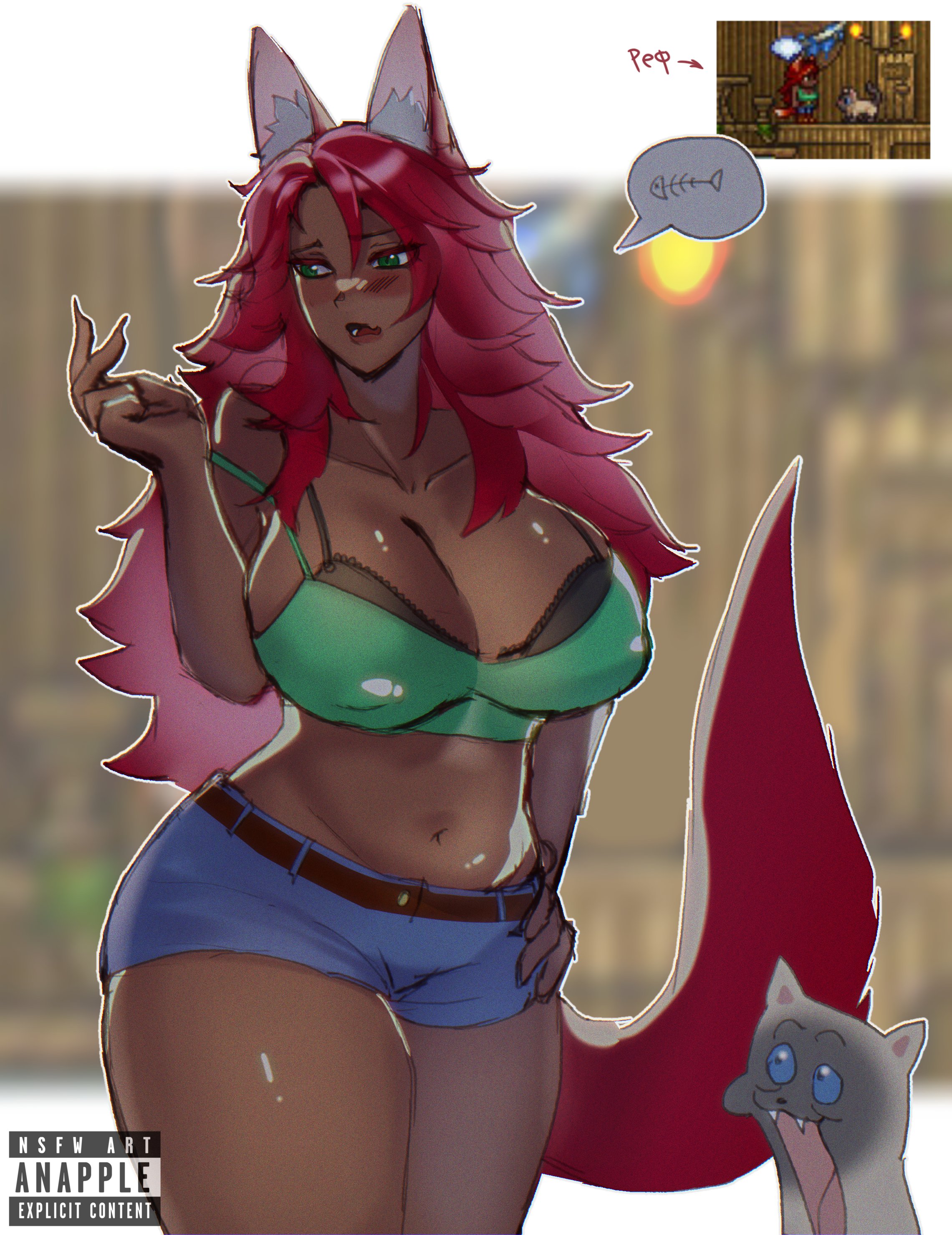accurate proportions, anapple, big breasts, bra, breasts, fox ears, fox girl, fox tail, re-logic, short jeans, terraria, tummy, zoologist (terraria)