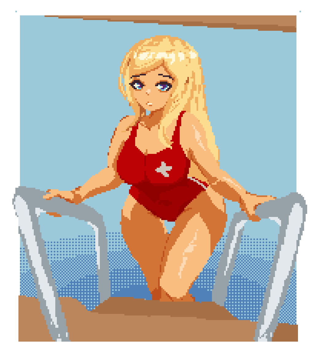 animated gif, ass expansion, big ass, blonde hair, fat ass, huge ass, indulgences, lifeguard, lifeguard swimsuit, pixel art, pool, riley (indulgences), sole female, tan skin, thick thighs, thigh expansion, thighs bigger than head