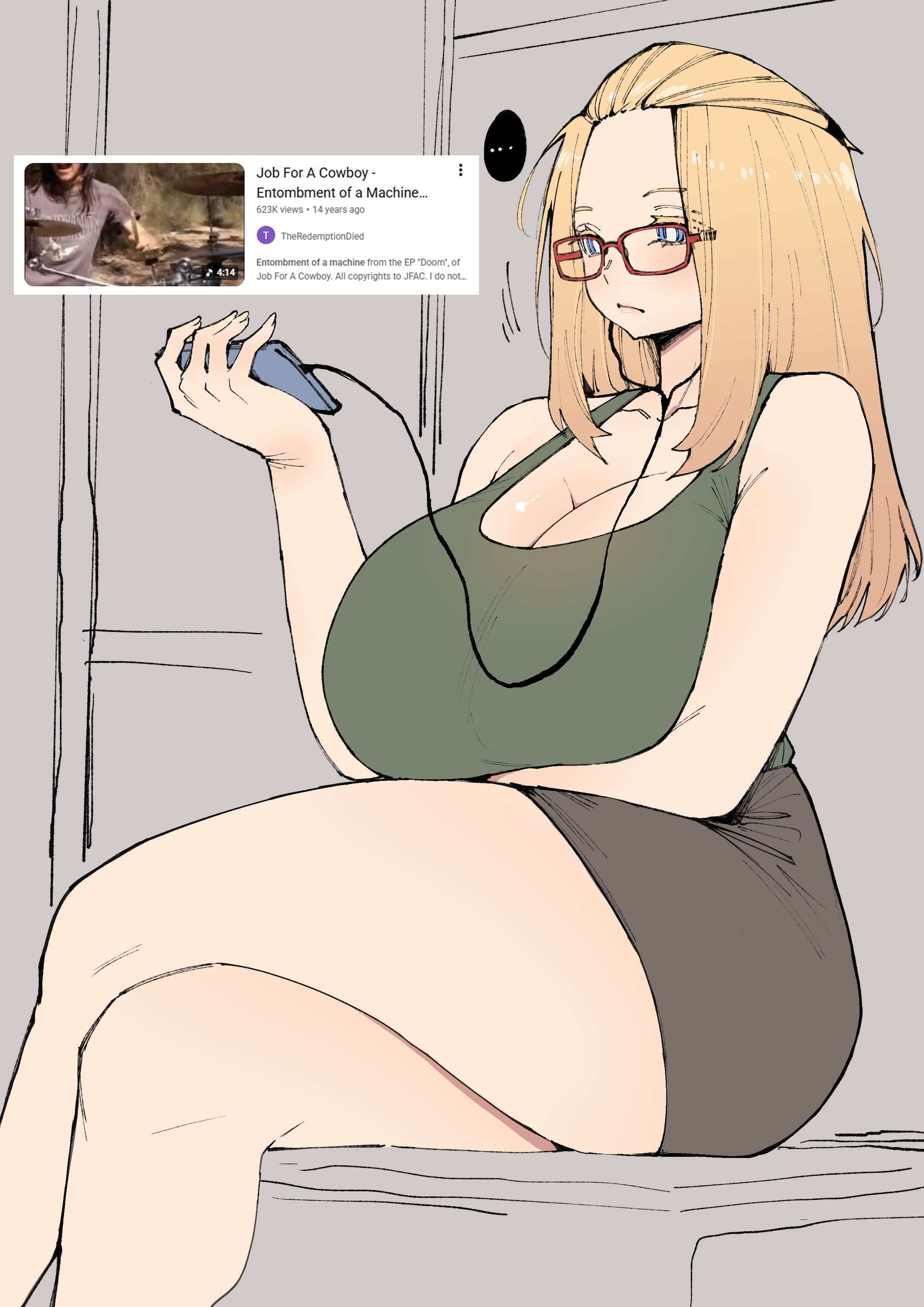 ..., 1girl, absurdres, arm under breasts, arm up, bangs pinned back, bare legs, big forehead, black skirt, blonde hair, blue eyes, breasts, bright pupils, cellphone, cleavage, closed mouth, collarbone, crossed legs, expressionless, gigantic breasts, glasses, green tank top, hair over shoulder, half-closed eyes, headphones, highres, holding, holding phone, inne sulistya robin, long hair, miniskirt, norman maggot, original, pencil skirt, phone, red-framed eyewear, sitting, skirt, smartphone, solo, speech bubble, tank top, thighs, white pupils