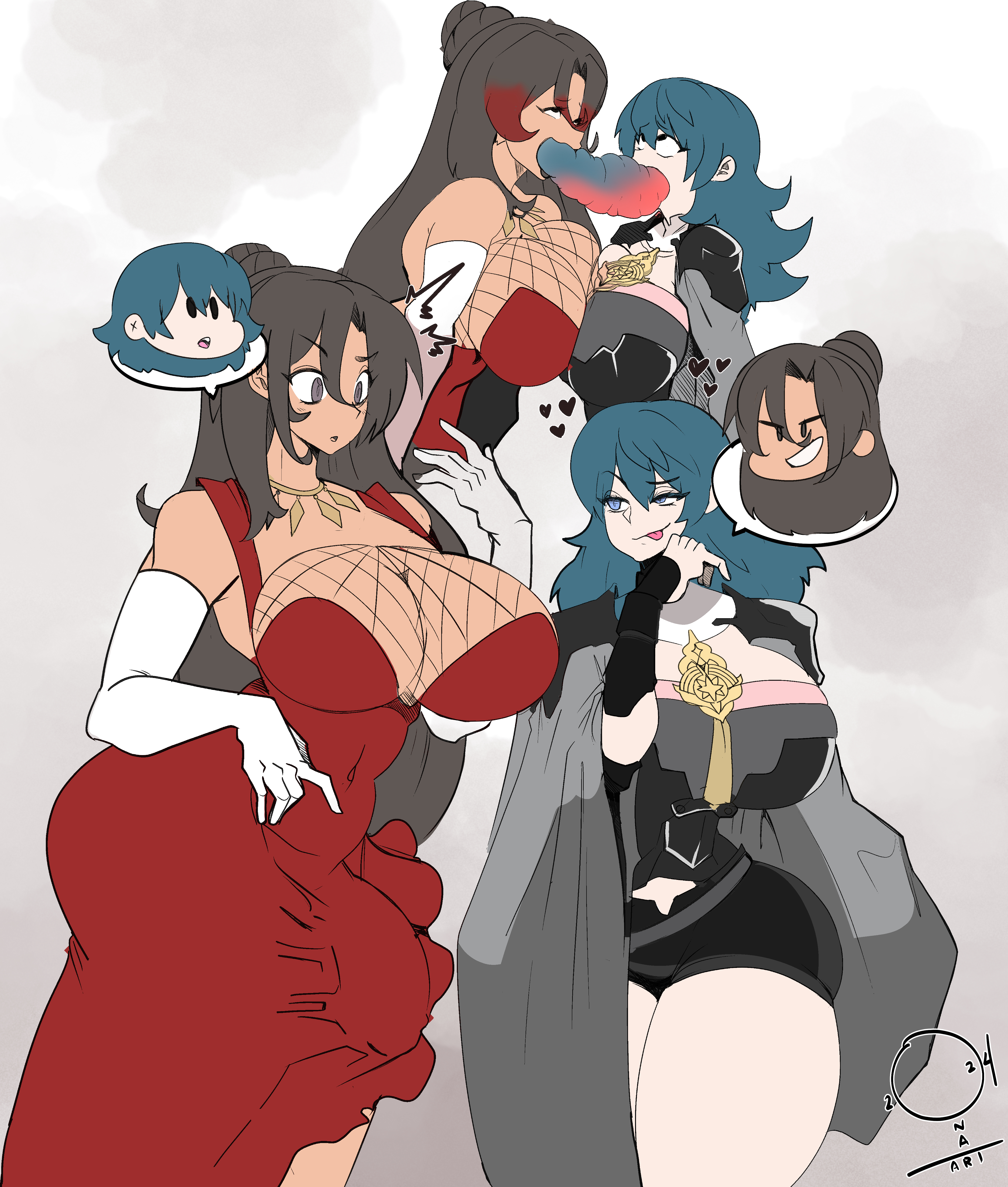 1futa, 1girls, blue eyes, blue hair, body swap, brown hair, byleth (fire emblem), byleth (fire emblem) (female), cameltail, confused, crossover, curvy figure, dark-skinned female, female, fire emblem, fire emblem: three houses, futa with female, futanari, huge ass, huge breasts, huge cock, interspecies, kono subarashii sekai ni shukufuku wo!, nintendo, onat, shocked, smug, sylvia (konosuba), taller female, thick thighs, throbbing penis, tongue, tongue out