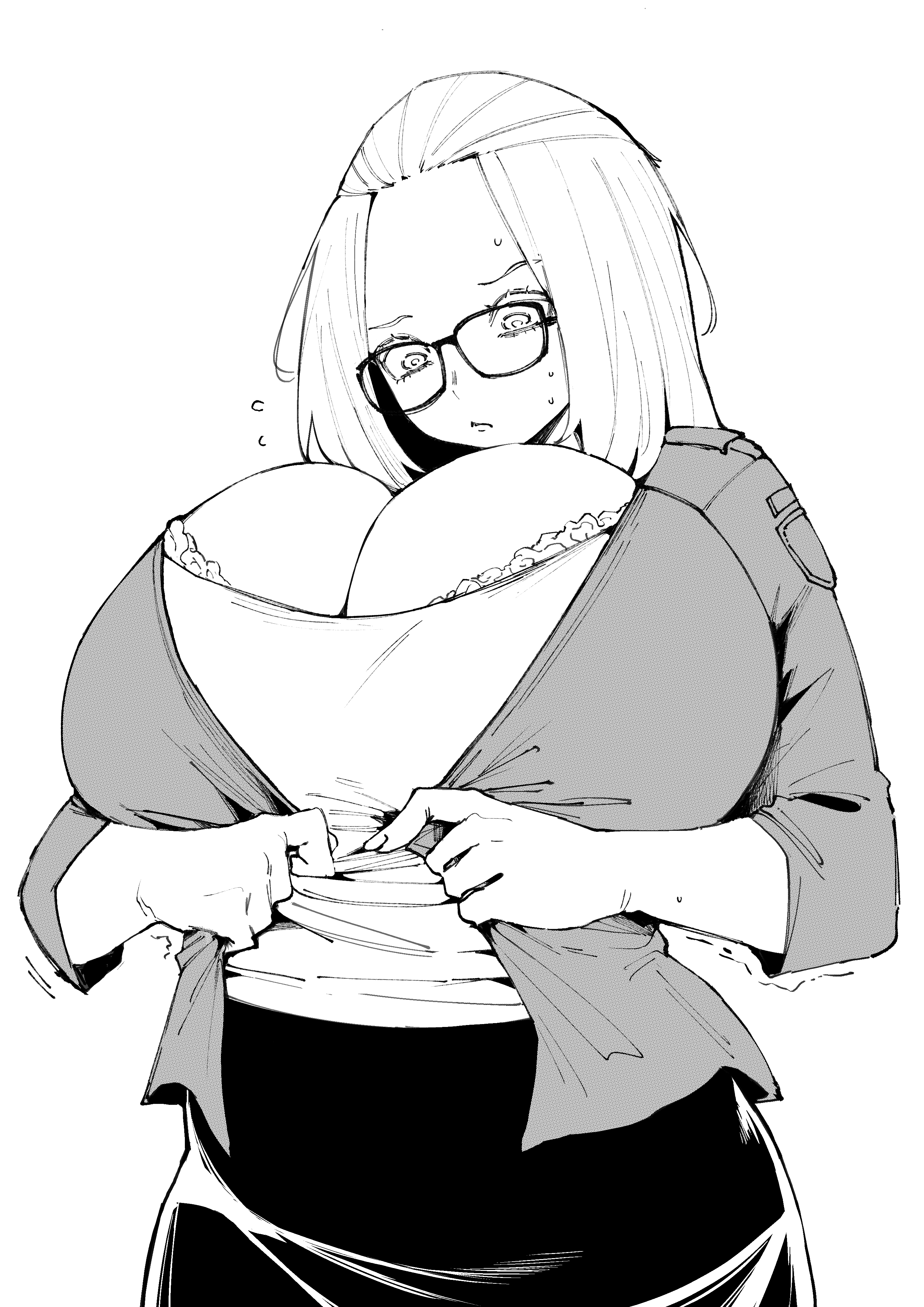 1girl, absurdres, bangs pinned back, black skirt, bra, breasts, cleavage, constricted pupils, cowboy shot, eyelashes, frilled bra, frills, gigantic breasts, glasses, highres, inconvenient breasts, inne sulistya robin, jacket, long hair, long sleeves, monochrome, norman maggot, open clothes, open jacket, original, raised eyebrow, skirt, sweatdrop, three-quarter sleeves, undersized clothes, underwear