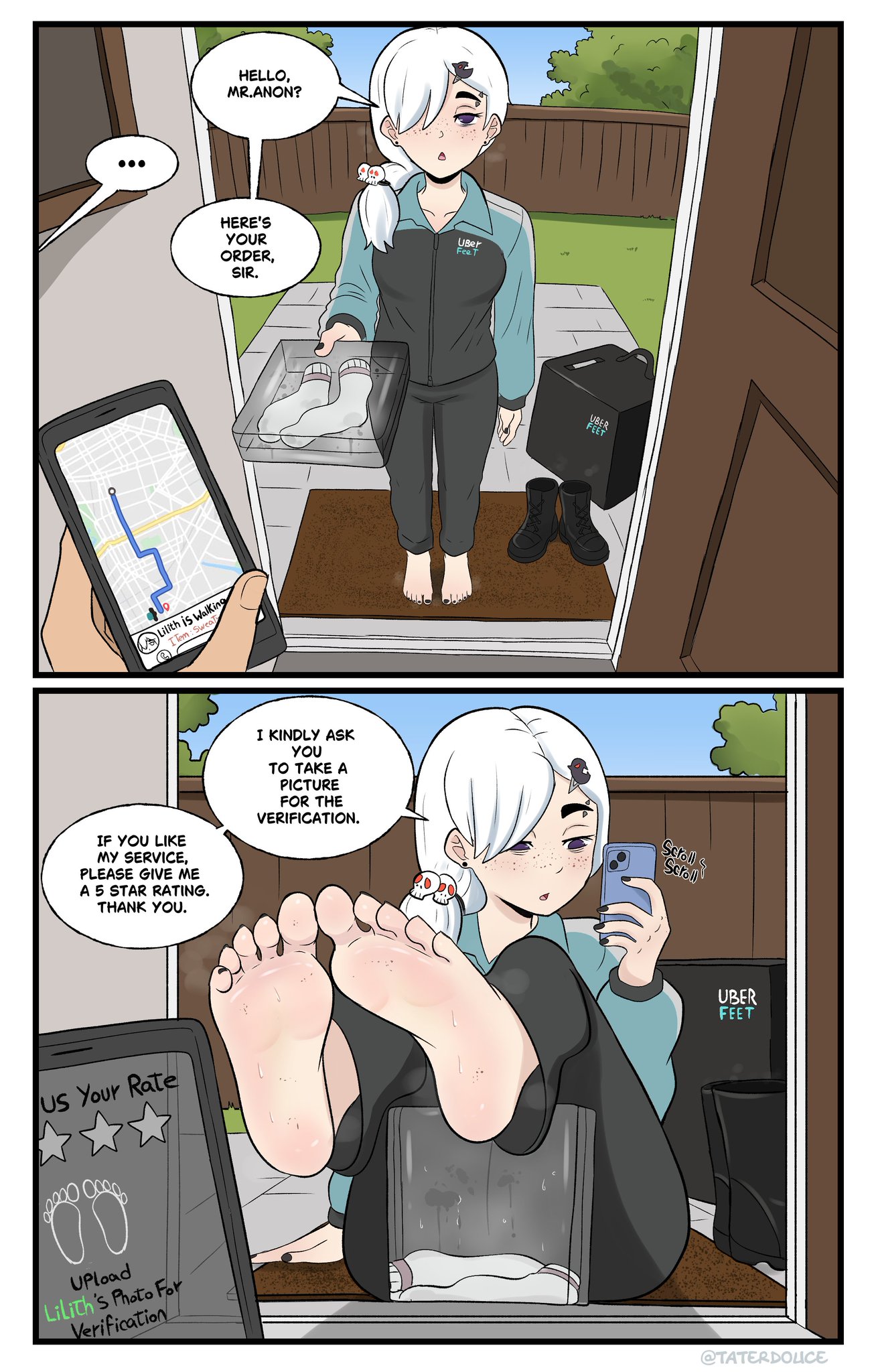 1girls, barefoot, best feet, black nail polish, black toenail polish, boots removed, cellphone, comic, cute female feet, delivery (commerce), delivery employee, delivery girl, delivery uniform, dialogue, dialogue bubble, dirty socks, eyebags, feet, feet up, female focus, foot fetish, foot fetish validation, foot focus, foot play, foot worship, freckles, funny, hair ornament, highres, oc, original character, piercings, presenting feet, purple eyes, sexy feet, showing feet, smelly feet, smelly socks, sock fetish, socks removed, soles, soles fetish, steaming feet, sweaty feet, taking picture, taterdouce, tired eyes, toes, white hair