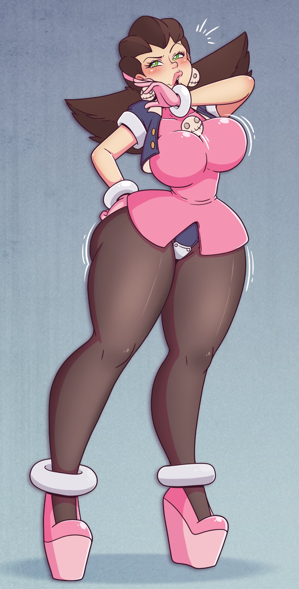 ass expansion, big breasts, bimbo, bimbofication, breast expansion, breasts, brown hair, bubble ass, bubble butt, green eyes, heart eyes, large breasts, mega man, mega man legends, pantyhose, thighhighs, tron bonne, wrenzephyr2