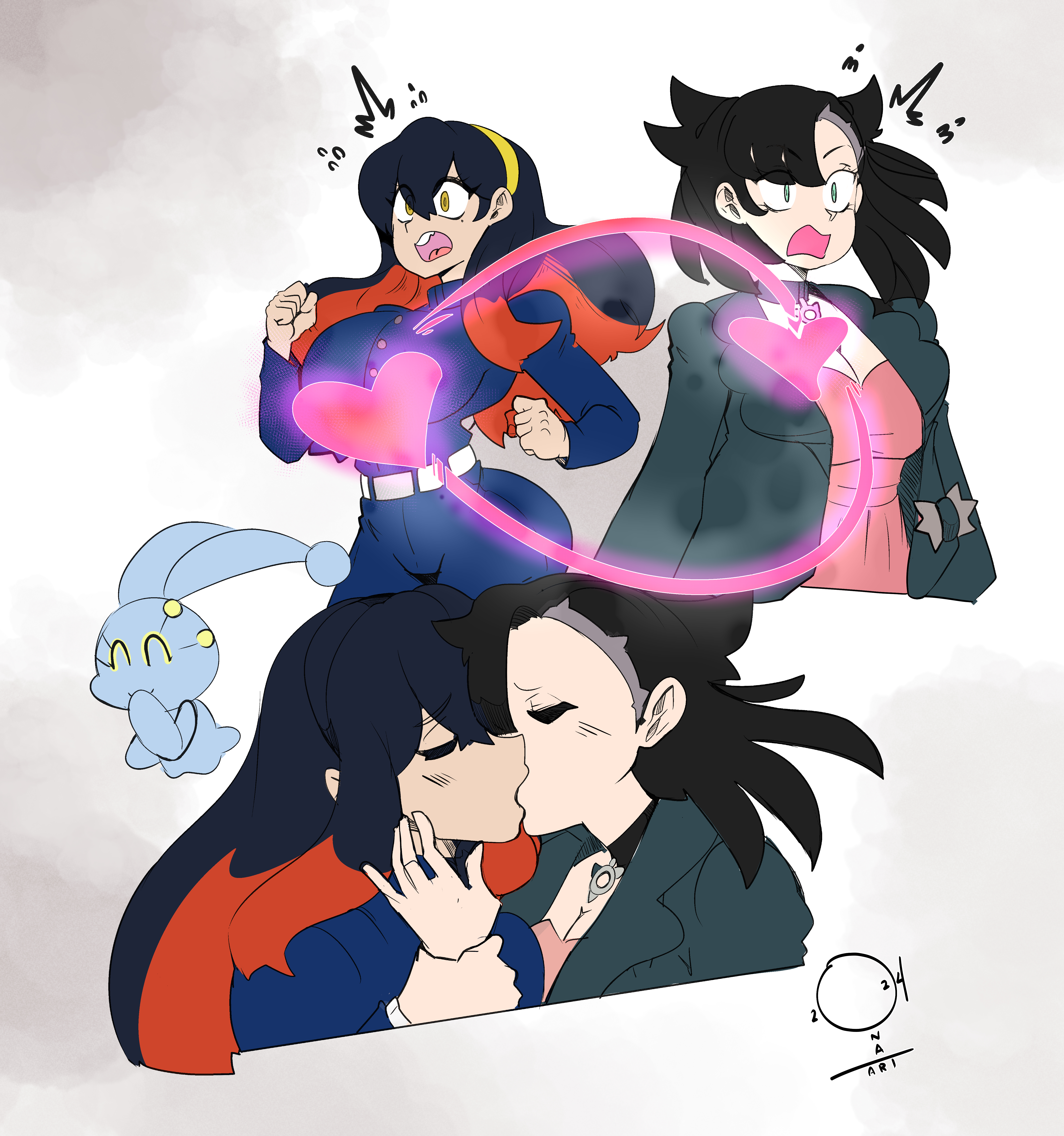 body swap, bodysuit, carmine (pokemon), choker, dark hair, female only, heart swap, huge breasts, kissing, legendary pokemon, lesbian kiss, making out, manaphy, marnie (pokemon), mythical pokemon, onat, petite, pokemon, pokemon (species), pokemon move, pokemon sv, pokemon swsh, shocked, thick thighs, yuri