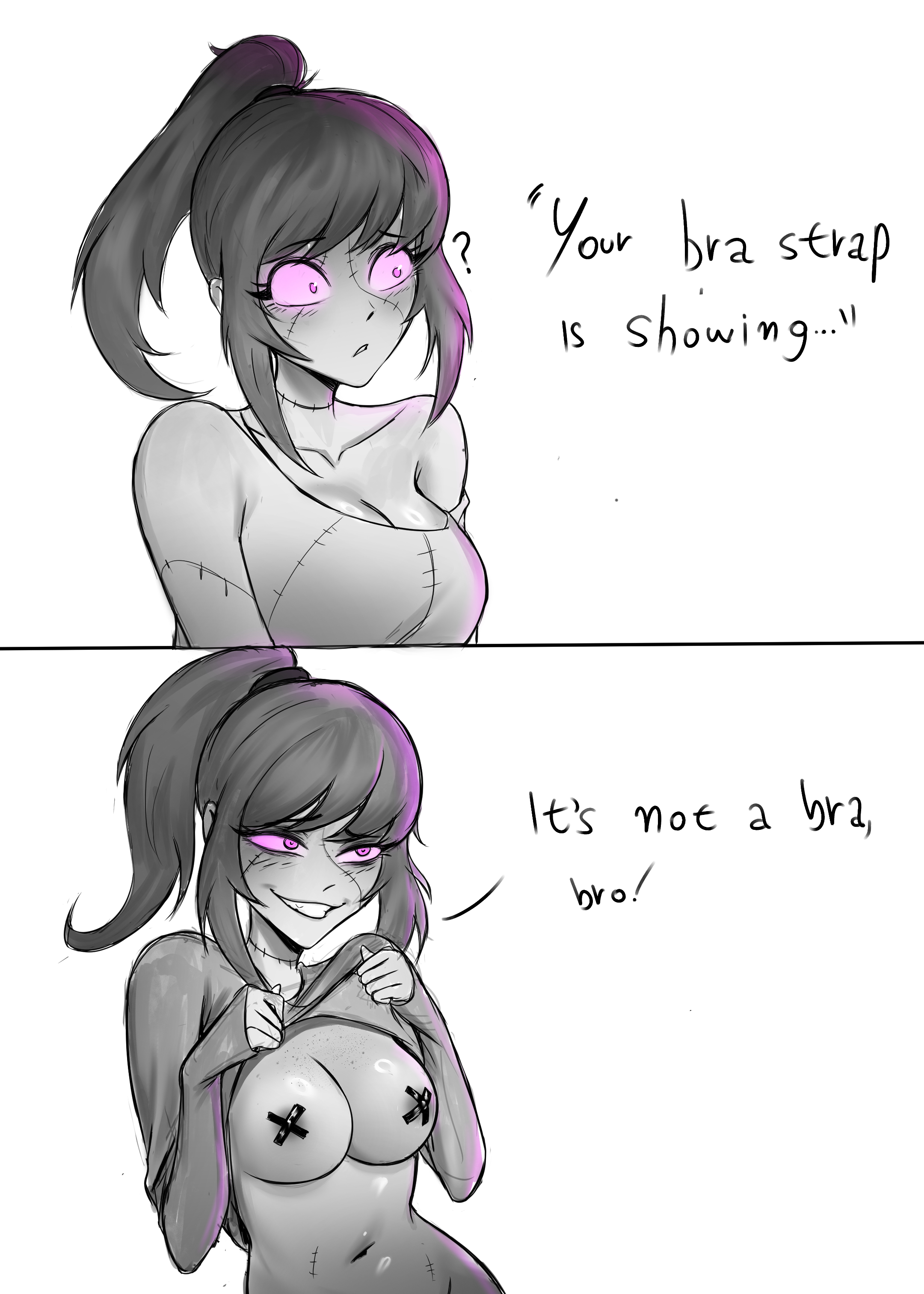 1girls, 2d, big breasts, bra strap is showing (meme), cleavage, crazy eyes, five nights at freddy's, five nights at freddy's: security breach, kaonicdogmen, partially clothed, pasties, ponytail, presenting, presenting breasts, shirt lift, shirt up, smile, solo, spot color, taped nipples, trend, vanessa (fnaf), vanny (fnaf)
