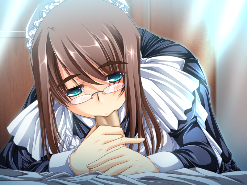 aqua_eyes blush brown_hair fellatio female game_cg glasses goshujinsama_daisuki ichijou_ema maid oral penis yatsuha_kanan