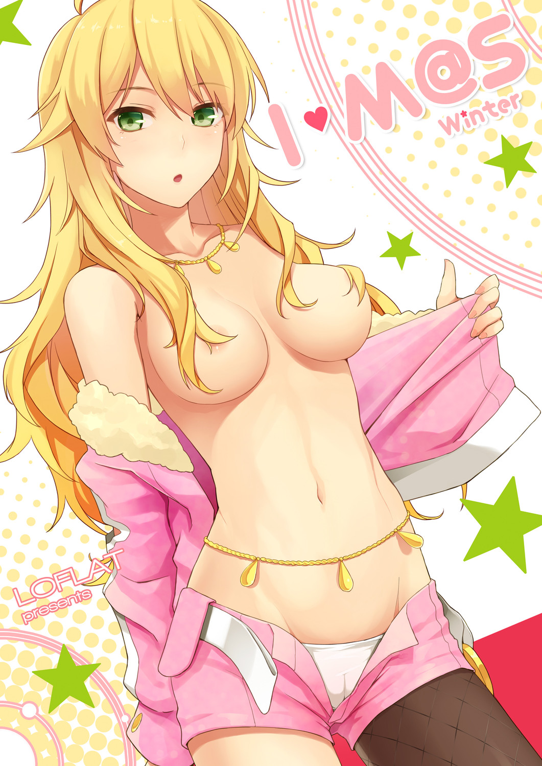 ahoge belly_chain blonde_hair breasts cool_&_sexy_(idolmaster) female fishnets green_eyes hair_over_breasts hoshii_miki idolmaster long_hair looking_at_viewer midriff mound_of_venus navel panties pantyhose prime prime_(karoki) solo topless underwear white_panties