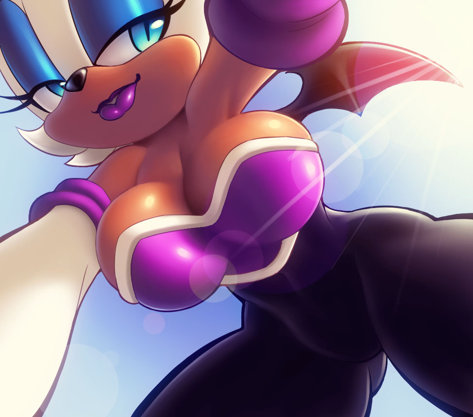 anthro, bat, big breasts, black nose, breasts, closed mouth, clothes, color, covered breasts, cyan eyes, eyes, eyeshadow, female, female only, flying, fur, furry, hair, lipstick, makeup, open eyes, outdoors, rouge the bat, sega, short hair, solo, sonic (series), sonic the hedgehog (series), sun, tan skin, white fur, white hair, wing