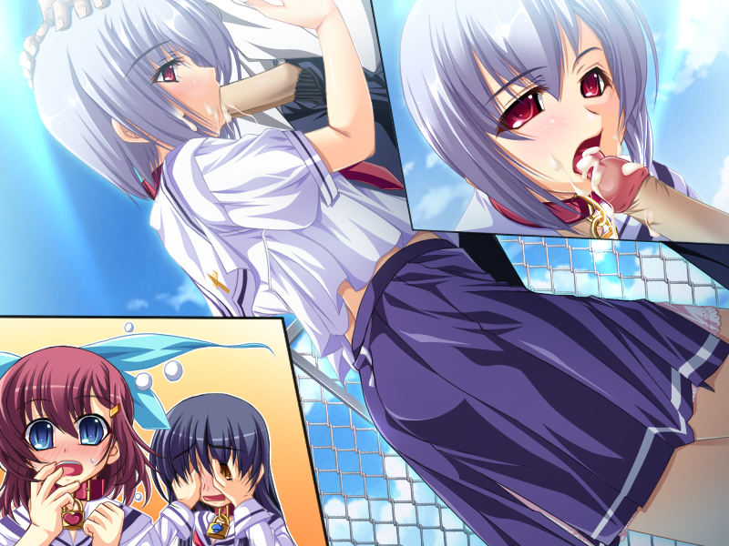 3girls black_hair blush cloud fellatio fence game_cg goshujinsama_daisuki kuu_spitfire maid_headdress multiple_girls murakumo_sakura oral penis red_eyes red_hair school_uniform shishiouin_hime short_hair silver_hair sky