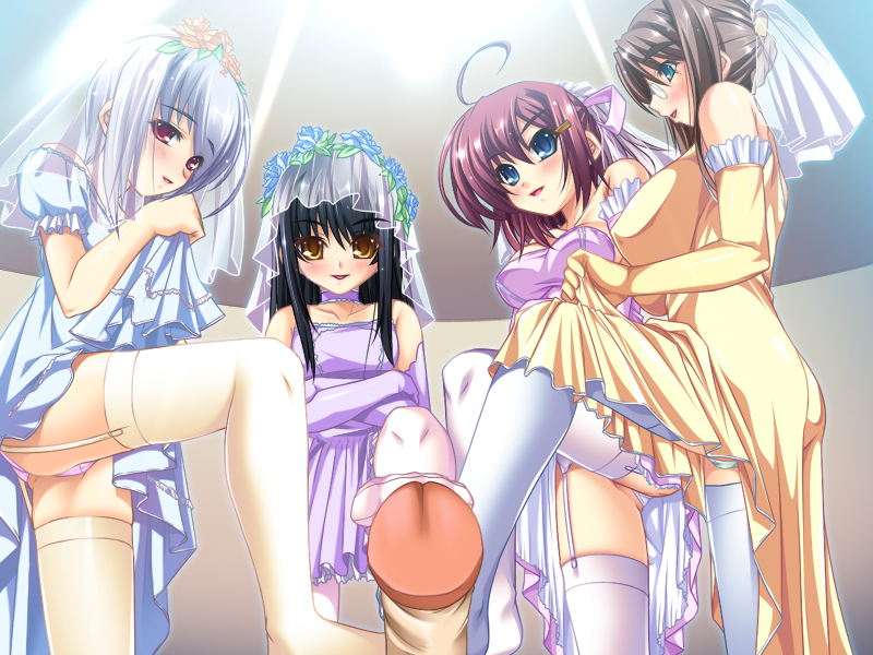 1boy 4girls aqua_eyes ass black_hair blush bottomless brown_hair feet footjob game_cg glasses goshujinsama_daisuki ichijou_ema kuu_spitfire legwear multiple_footjob multiple_girls murakumo_sakura no_shoes red_eyes shishiouin_hime thighhighs wedding_dress yatsuha_kanan