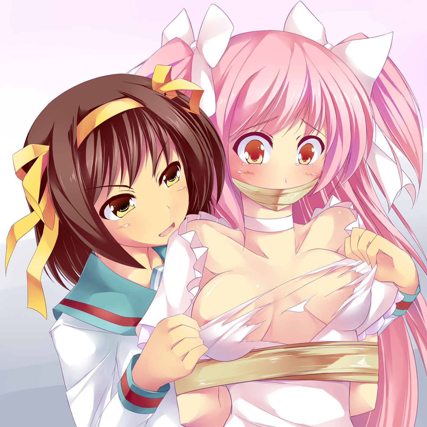 2girls, arms behind back, blush, bondage, bound, bound arms, bow, breasts, brown eyes, brown hair, clothing, crossover, female, female only, femdom, femsub, forced exposure, forced presentation, gag, gagged, hair bow, hair ribbon, highres, human, imminent rape, long hair, madoka kaname, mahou shoujo madoka magica, maullarmaullar, medium breasts, multiple females, multiple girls, pink eyes, pink hair, scared, small breasts, suzumiya haruhi, suzumiya haruhi no yuuutsu, tape, tape bondage, tape gag, taped arms, taped mouth, tearing clothes, tearing open top, tears, torn clothes, ultimate madoka, wide-eyed, yuri