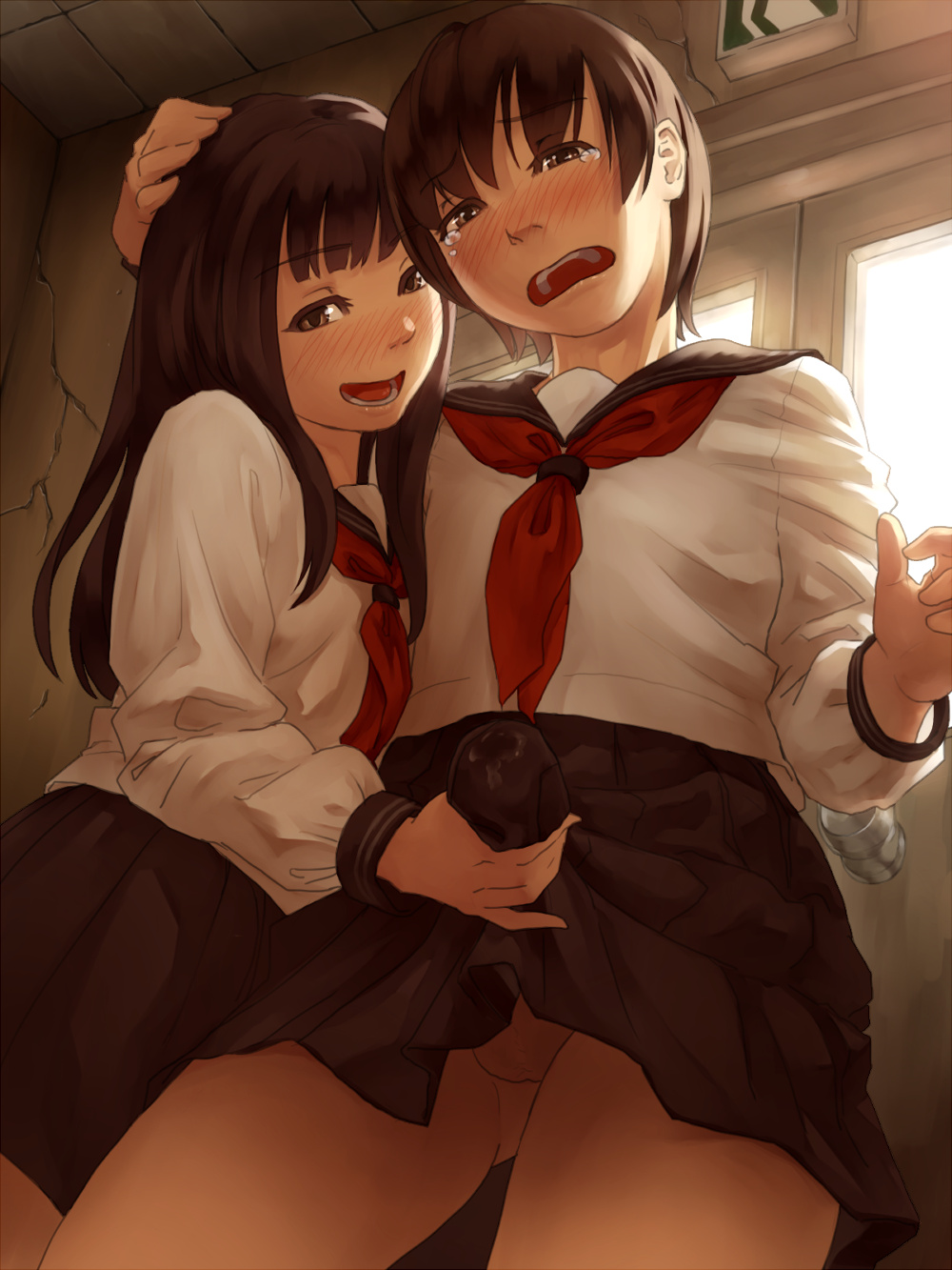 1boy 1girls :d black_eyes black_hair blush crossdressing cum duo female femboy femboy_on_female femdom hand_on_head handjob highres human long_hair makki_(tobaccos) male male/female malesub open_mouth original penis precum school_uniform serafuku skirt smile straight tears trap