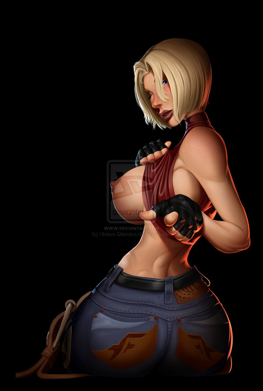 1girls, areolae, blonde female, blue mary, breasts, breasts out, fatal fury, female, jeans, large breasts, looking back, nipples, no bra, shirt lift, sideboob, snk, solo, thefuckingdevil, tight clothes, tight pants, tits out