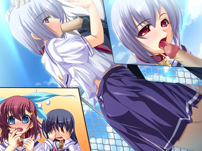 3girls black_hair blush cloud fellatio fence game_cg goshujinsama_daisuki kuu_spitfire multiple_girls murakumo_sakura oral penis red_eyes red_hair school_uniform shishiouin_hime short_hair silver_hair sky