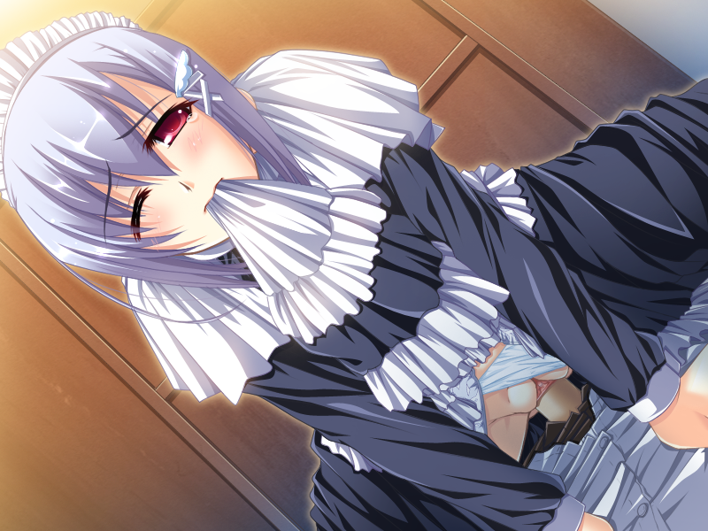 bed blush female game_cg goshujinsama_daisuki kuu_spitfire maid red_eyes sex short_hair silver_hair vaginal_penetration wince