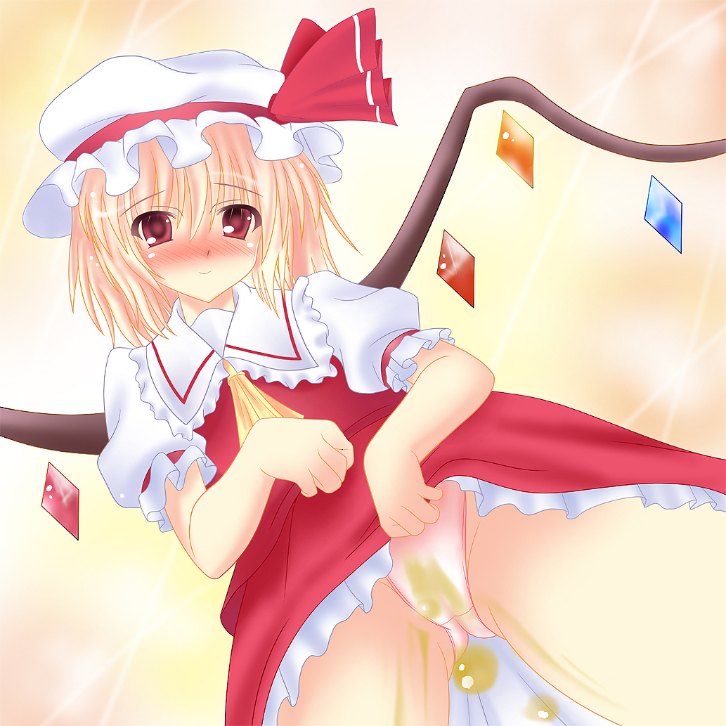 blush clothing dress dress_lift female flandre_scarlet low-angle_view murakumo_(sniper) panties peeing peeing_on_viewer peeing_panties peeing_pants peeing_self piss_stain standing_pee touhou urinating_female urine_on_thighs wetting