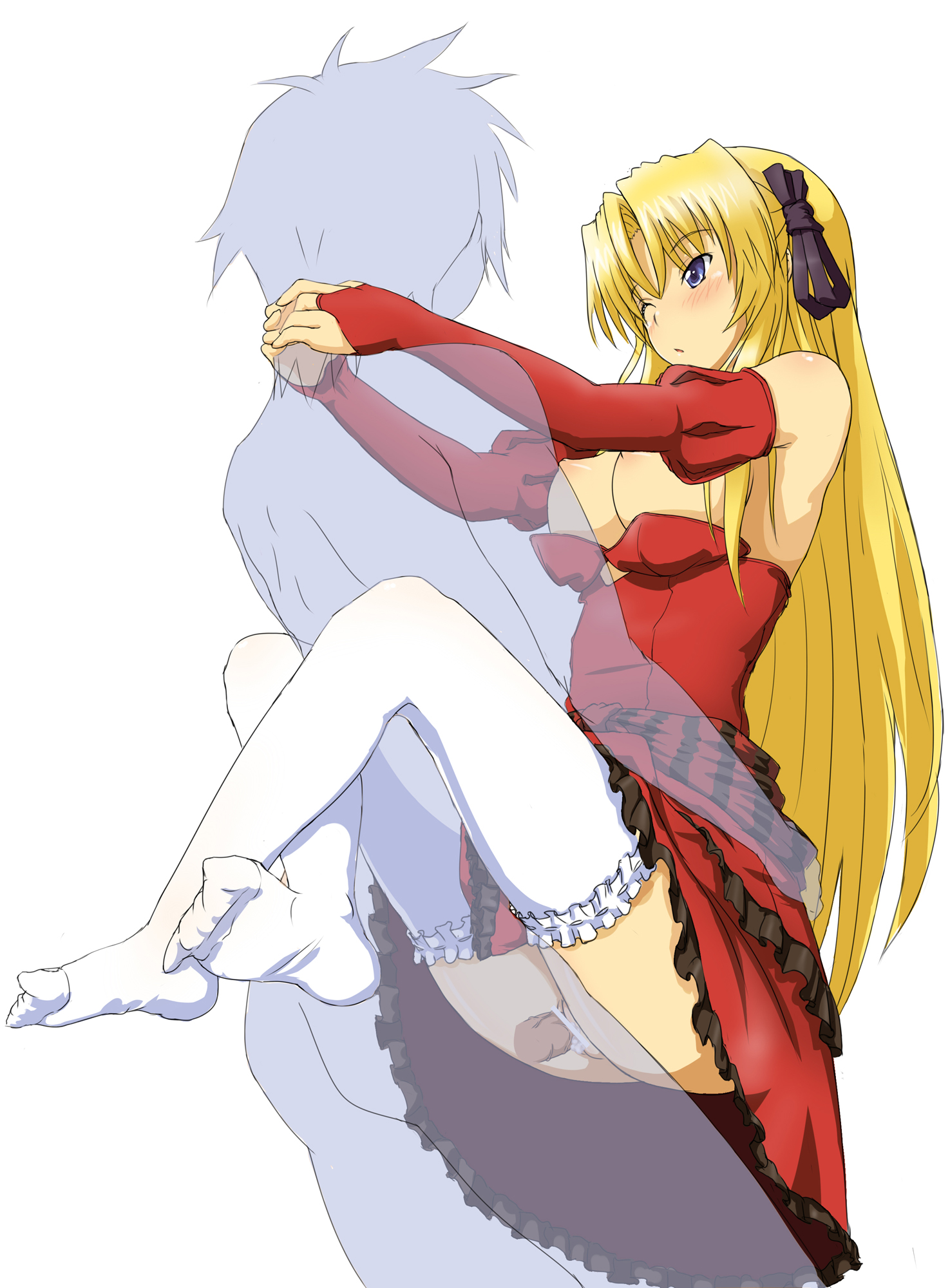 ass, blonde hair, blue eyes, breasts, campione!, censored, dress, erica blandelli, female, large breasts, leg lock, long hair, male, penis, ribbon, sex, stockings, thighhighs, topless