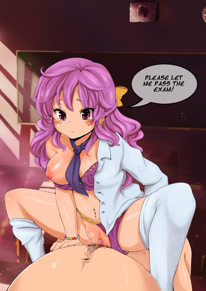 1boy, 1girls, bow, bra, breasts, caption, classroom, clothed, clothed sex, clothing, english text, fat male, female, inusen, light skin, male, panties, pubic hair, purple hair, pussy, riding, school, shirt, stockings, student, teacher, text, vaginal penetration