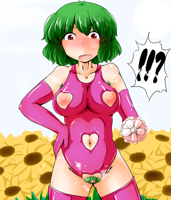 armpit_hair bare_shoulders blush crotchless_clothes elbow_gloves female female_armpit_hair flower gloves green_hair hand_on_hip looking_down navel navel_cutout nipple_cutout nippleless_clothes nipples open_mouth pubic_hair pussy red_eyes short_hair solo sukedai sunflowers sweat thighhighs touhou umbrella uncensored yuka_kazami