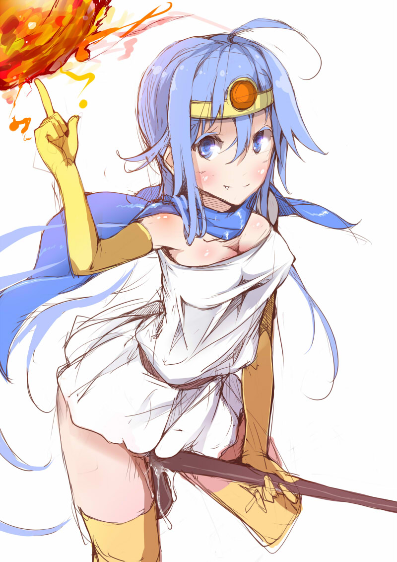 blue_eyes blue_hair blush breasts cape circlet cleavage clothed_masturbation clothing crotch_rub cute_fang dragon_quest dragon_quest_iii dress eizan elbow_gloves female fire fireball gloves looking_at_viewer magic masturbation medium_breasts pussy_juice sage_(dq3) sketch smile solo staff stockings thighhighs white_background