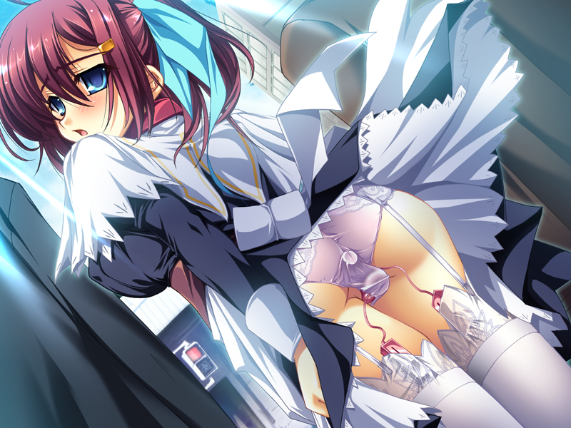 anal anal_insertion blue_eyes blush collar double_penetration female game_cg goshujinsama_daisuki maid murakumo_sakura red_hair vaginal_insertion vaginal_penetration vibrator zettai_maou