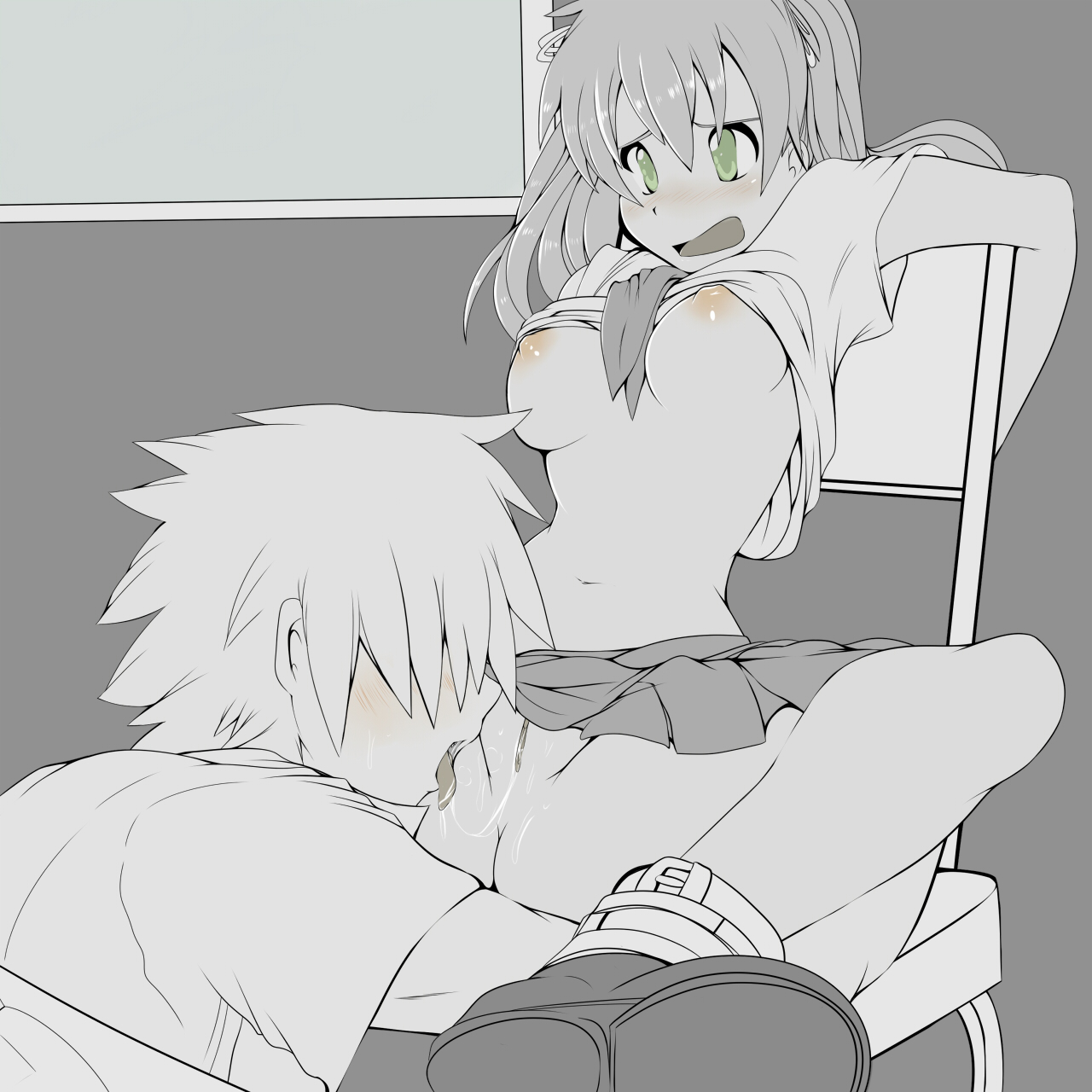 big breasts, black and white, breasts, clothes, clothing, female, green eyes, hair, licking, maka albarn, monochrome, oral sex, school uniform, shoes, skirt, soul eater, soul eater evans, tied hair, twintails, white hair