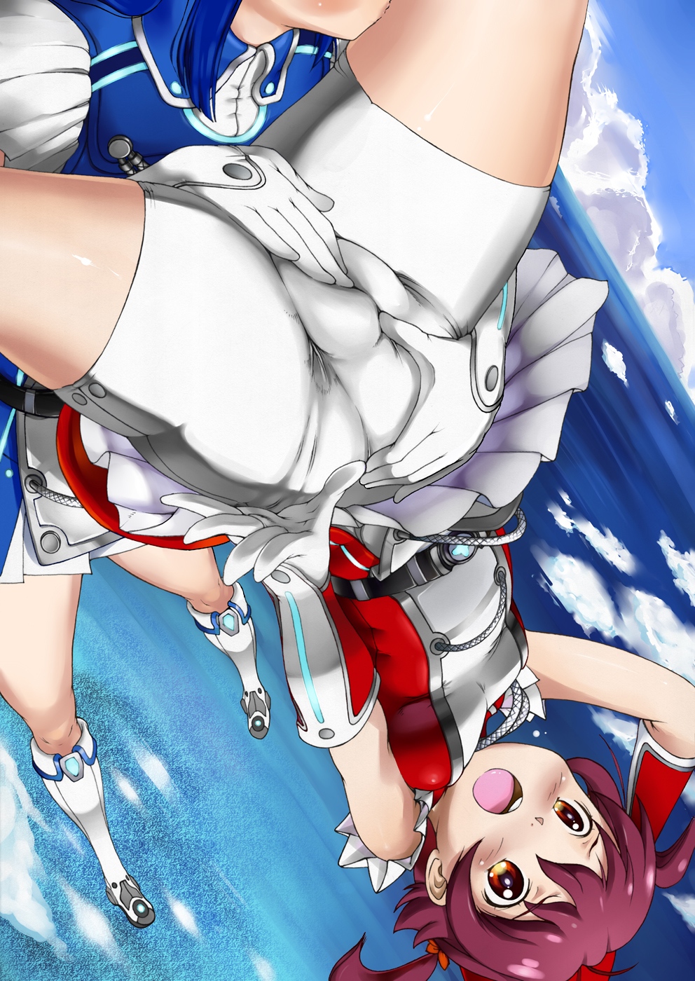 2girls bike_shorts blue_eyes blue_hair blush boots female fingering futaba_aoi_(vividred_operation) gloves isshiki_akane long_hair majorette multiple_girls open_mouth red_eyes red_hair short_hair souletti tied_hair twintails uniform upside-down vividred_operation yuri