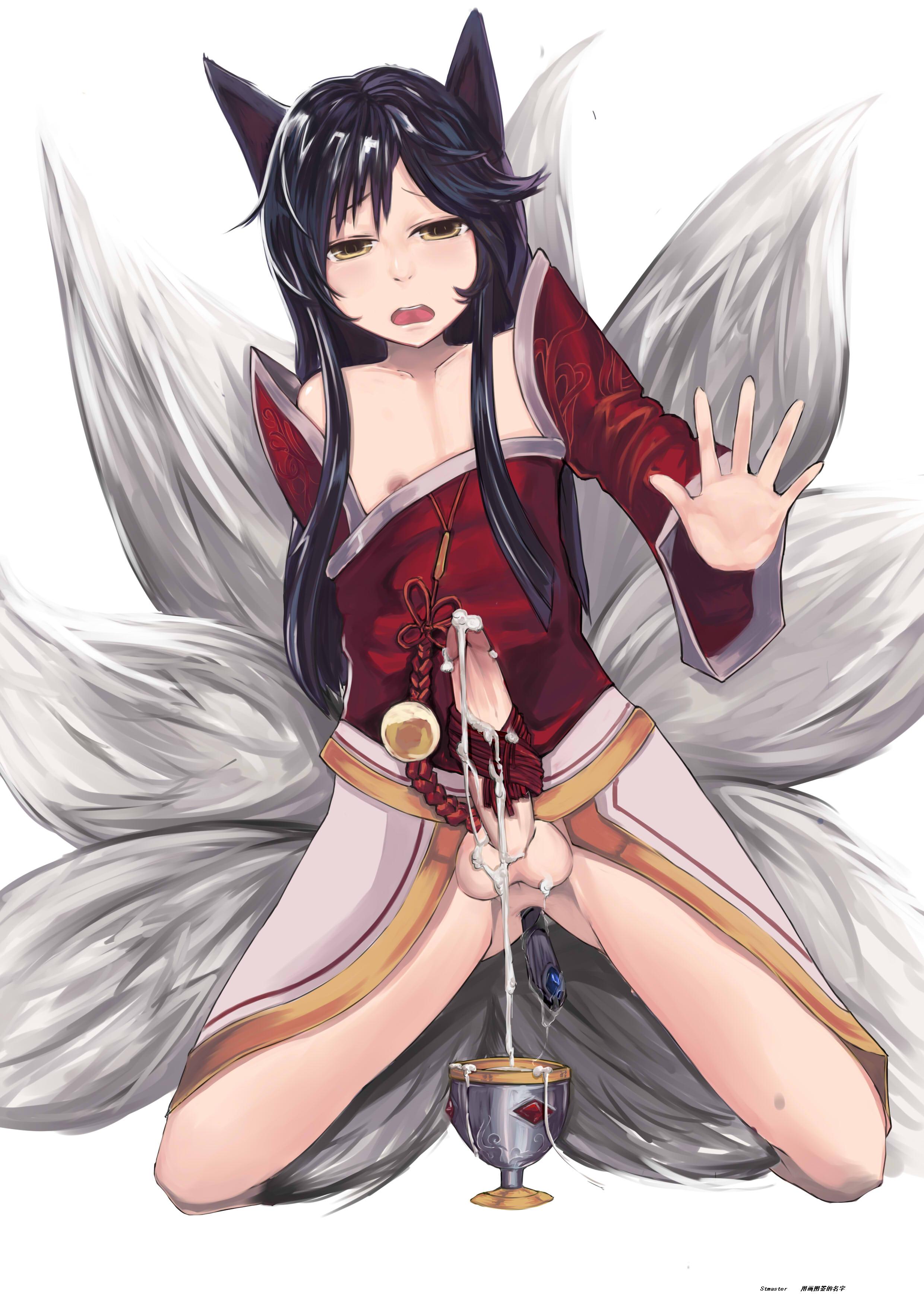 1boy, ahri, anal, anal insertion, artist request, balls, black hair, cum, erection, femboy, fur, furry tail, highres, humanoid, league of legends, male, male ahri, multi tail, penis, rule 63, tail, tails, trap