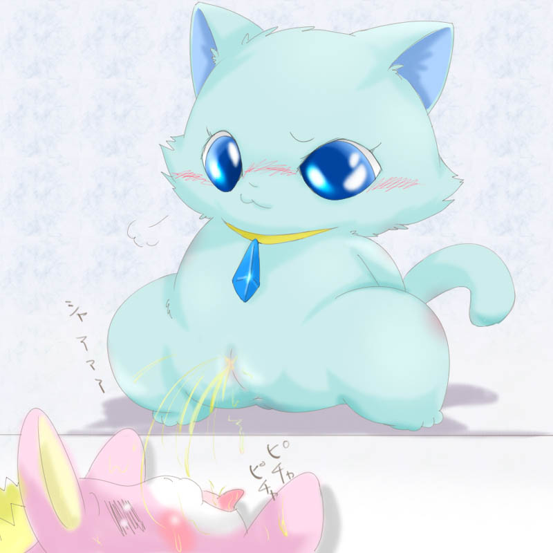 1boy anthro anus big_eyes blue_eyes blush cute_fang duo feline female feral fur furry golden_shower jewelpet jewelpet_(species) king_(jewelpet) lapis_(jewelpet) male peeing pussy spread_legs spreading squatting urine watersports white_background