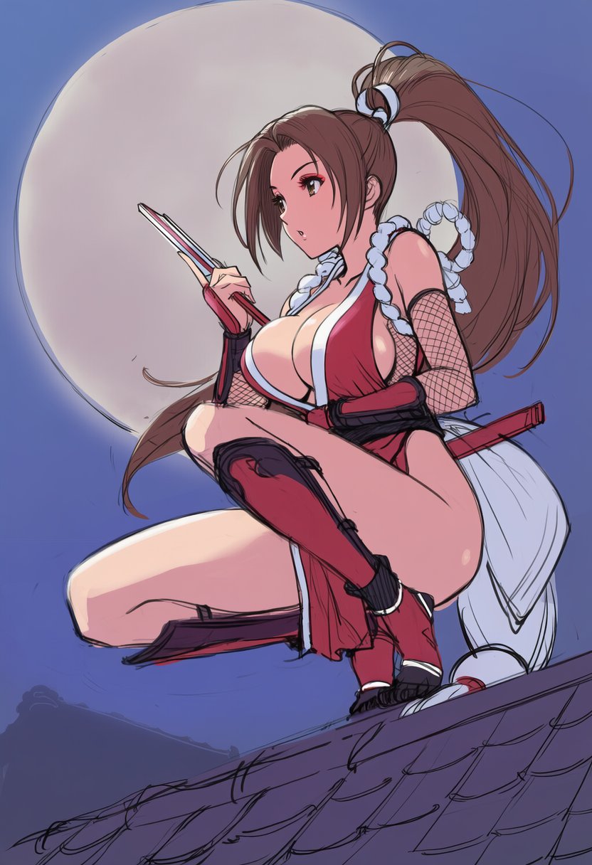 big breasts, breasts, brown hair, eyeliner, fan, fatal fury, female, japanese clothes, jaydamon, king of fighters, kunoichi, kunoichi dress, large breasts, leg guards, long hair, mai shiranui, moon, roof, rooftop, squatting, tabi socks