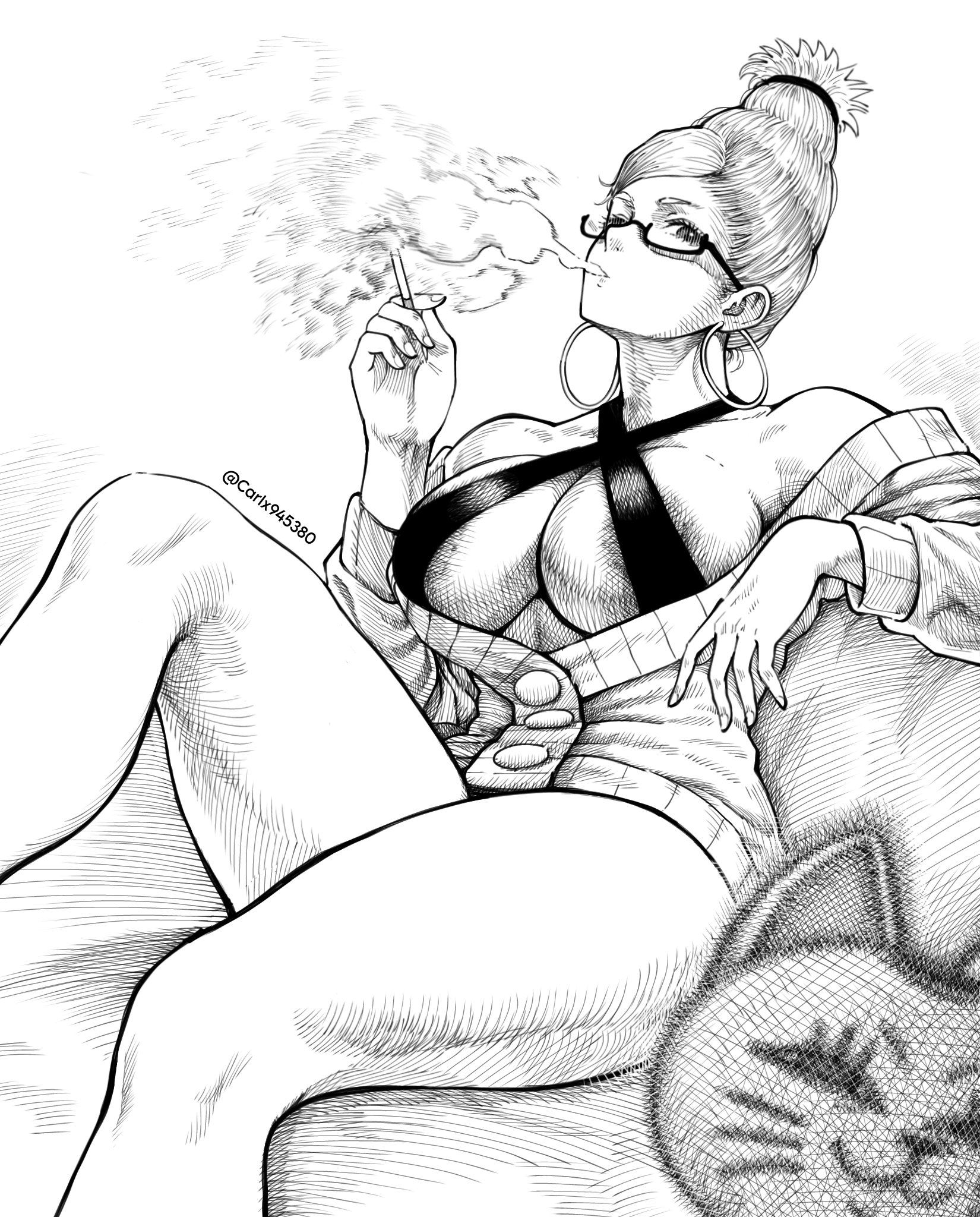 2girls, areola slip, areolae, ayase seiko, breasts, carlx945380, dandadan, earrings, eyewear, female, glasses, greyscale, hi res, large breasts, looking at viewer, monochrome, simple background, smoking, thick thighs, turbo granny (dandadan), twitter username, unbuttoned, white background