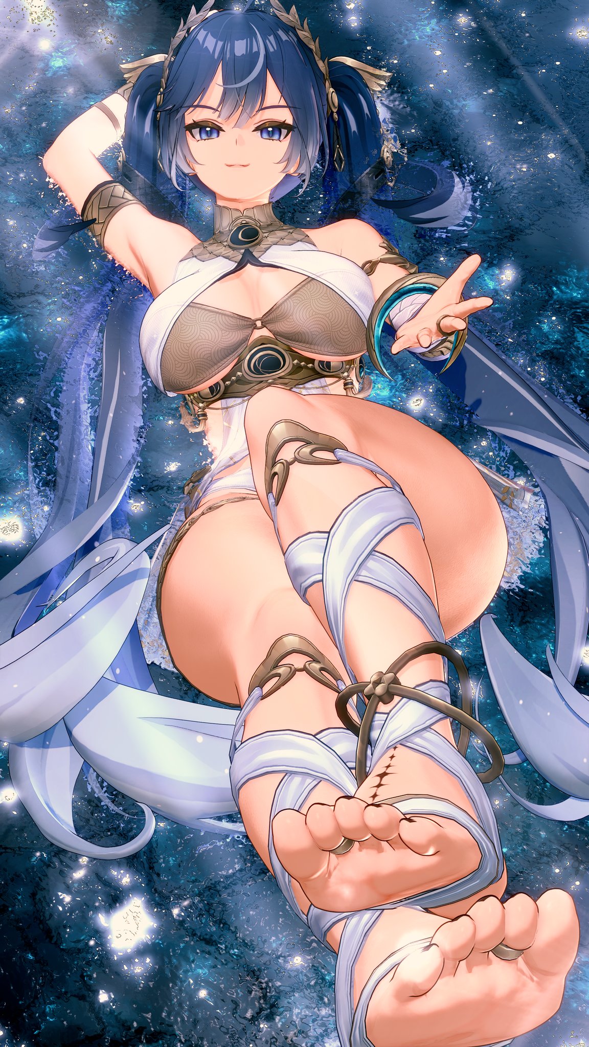 1girls, blue eyes, blue hair, eyes, feet, feet focus, female, female focus, female only, foot fetish, hair, imsayaa34, iuno (wuthering waves), koikatsu, light skin, light-skinned female, looking at viewer, solo, solo female, solo focus, tacet mark (wuthering waves), wuthering waves