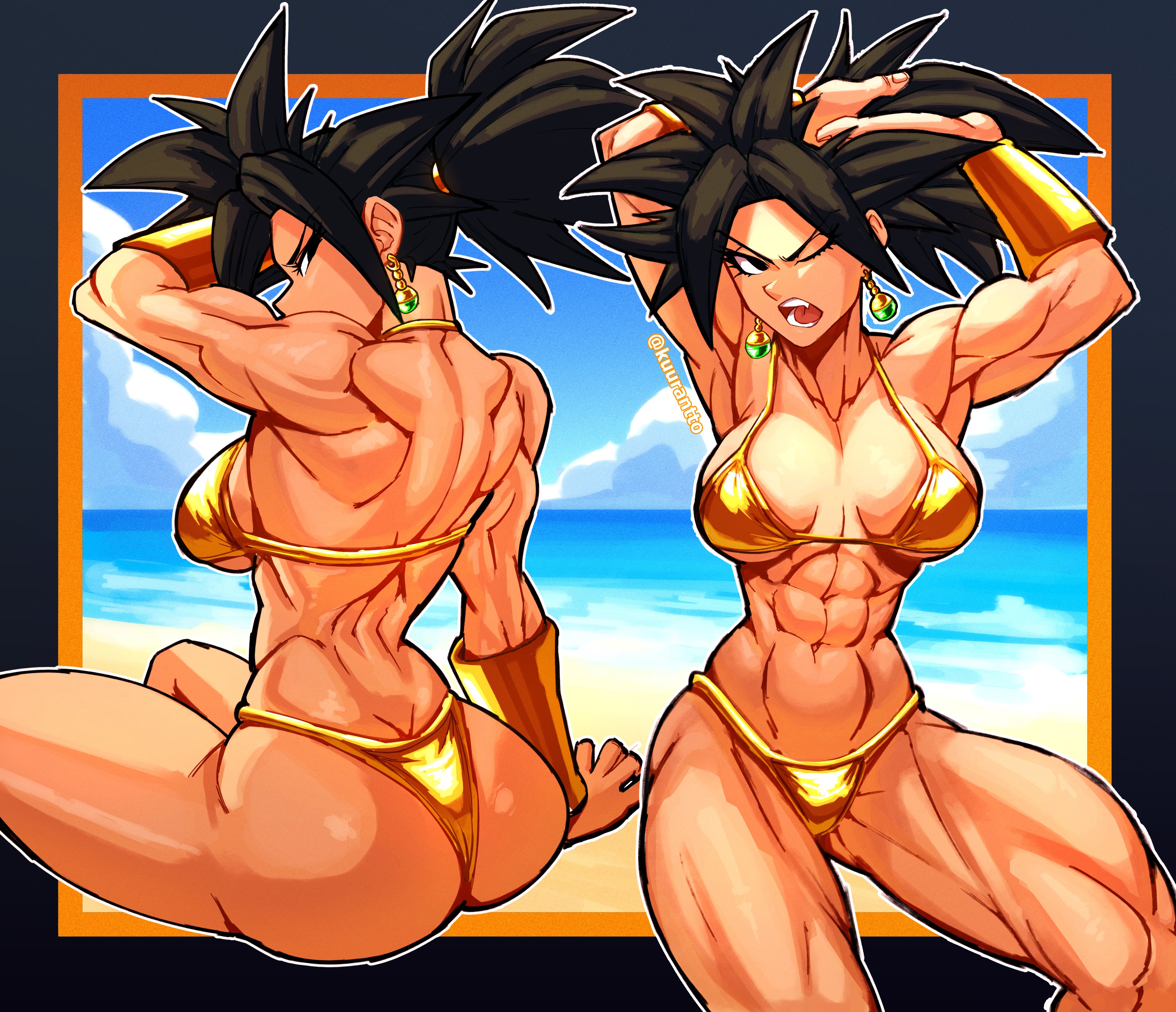 1girls, 2d, 2d (artwork), artist name, bikini, bracelet, cameltoe, dragon ball, earrings, female, female focus, female only, gold bikini, gold bracelet, kefla, kuurant, looking at viewer, potara earrings, spiky hair, tagme, watermark, wristwear