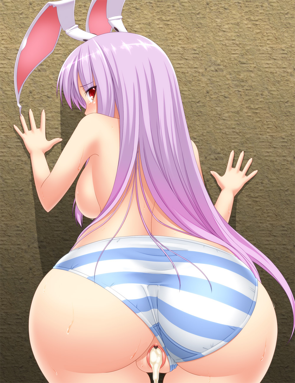 after_sex against_wall animal_ears ass breasts bunny_ears censored cum cum_in_pussy cum_inside cumdrip fur highres jon_(artist) long_hair looking_back panties purple_hair red_eyes reisen_udongein_inaba sideboob striped striped_panties touhou underwear