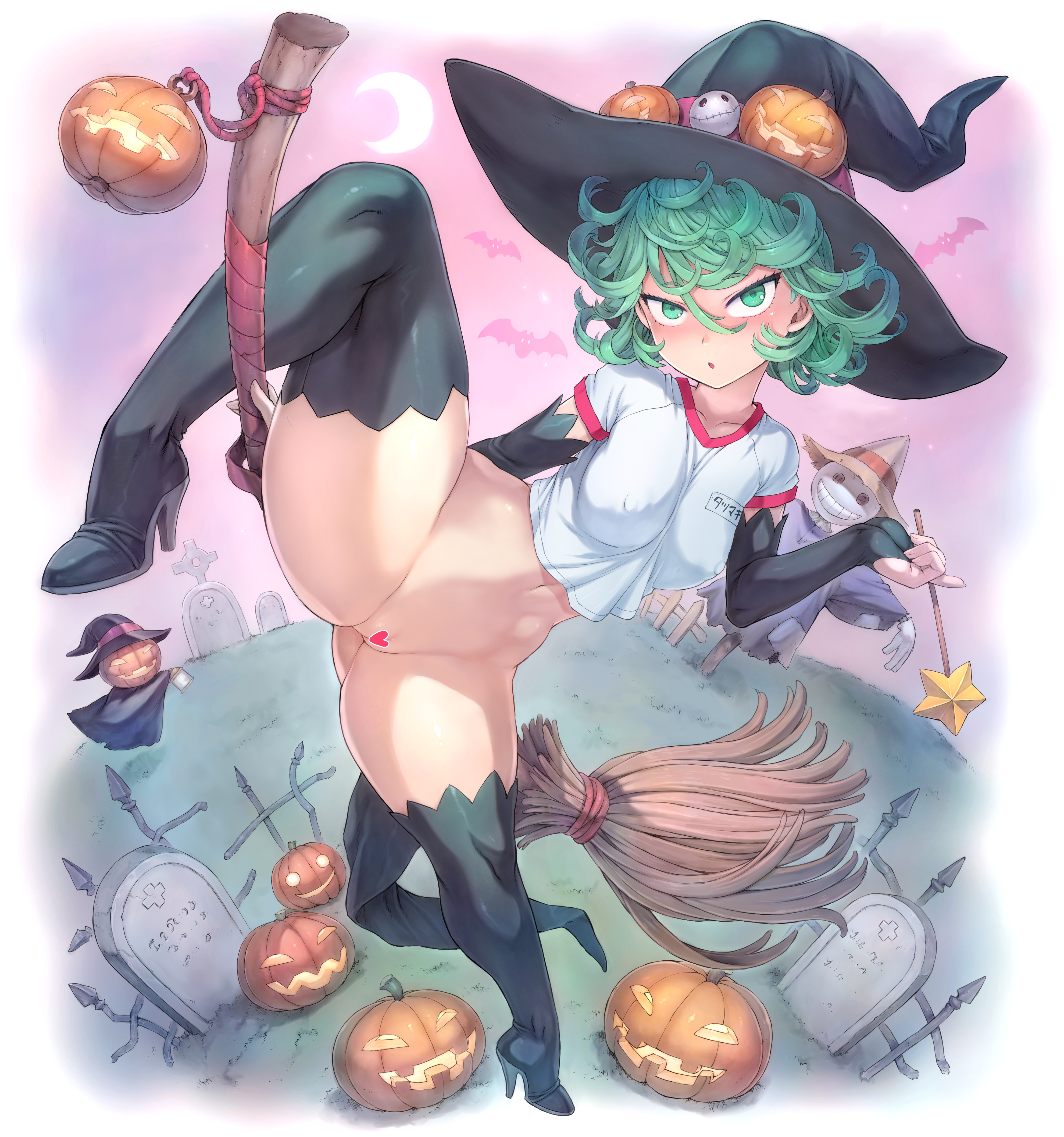 1girls, breasts, female, female focus, female only, flexible, flexible female, halloween, light skin, light-skinned female, medium breasts, mogudan, one-punch man, short hair, slim waist, solo, solo female, solo focus, tatsumaki, thick thighs, thighs, wide hips