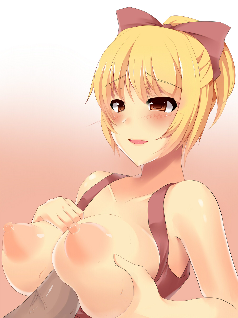 akaneman bare_shoulders blonde_hair blush bow breast_hold breasts breasts_out brown_eyes erect_nipples female hairbow male paizuri penis ponytail sleeveless sleeveless_shirt straight tied_hair touhou usami_akane yamame_kurodani