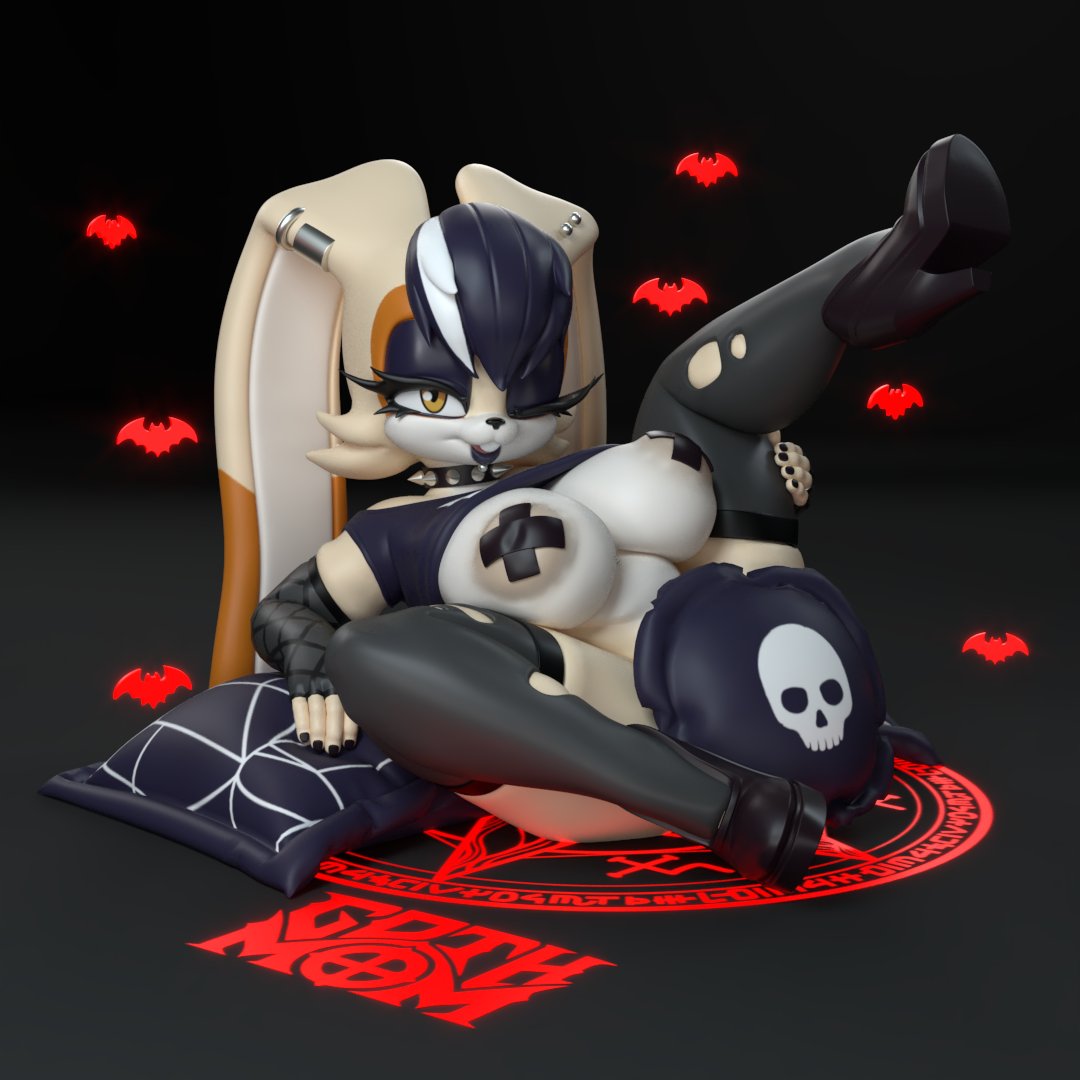 1:1, 3d, 3d (artwork), alternative fashion, anthro, areola, areola slip, armwear, big breasts, big ears, black background, black clothing, black footwear, black nails, black nose, black shoes, blue clothing, blue eyeshadow, blue hair, blue lipstick, blue topwear, bottomless, breasts, brown body, brown eyes, brown fur, buckteeth, clothed, clothing, collar, colored nails, convenient censorship, digital media (artwork), dipstick ears, ear markings, ear piercing, eyelashes, eyeshadow, female, floppy ears, footwear, front view, fur, generalbuta, goth, gradient background, grey armwear, grey background, grey clothing, grey legwear, grey stockings, hair, highlights (coloring), krokobyaka, lagomorph, legwear, leporid, lipstick, long ears, looking at viewer, lop ears, lying, magic, magic circle, makeup, mammal, multicolored ears, nails, navel, on back, one eye closed, pasties, pattern armwear, pattern clothing, piercing, pillow, rabbit, raised clothing, raised leg, raised topwear, sega, simple background, solo, sonic (series), sonic the hedgehog (series), spiked collar, spikes, spread legs, spreading, stockings, tan areola, tan body, tan fur, teeth, text, thick thighs, topwear, torn clothing, torn legwear, torn stockings, vanilla the rabbit, white body, white fur, white highlights, wide hips, wink, winking at viewer