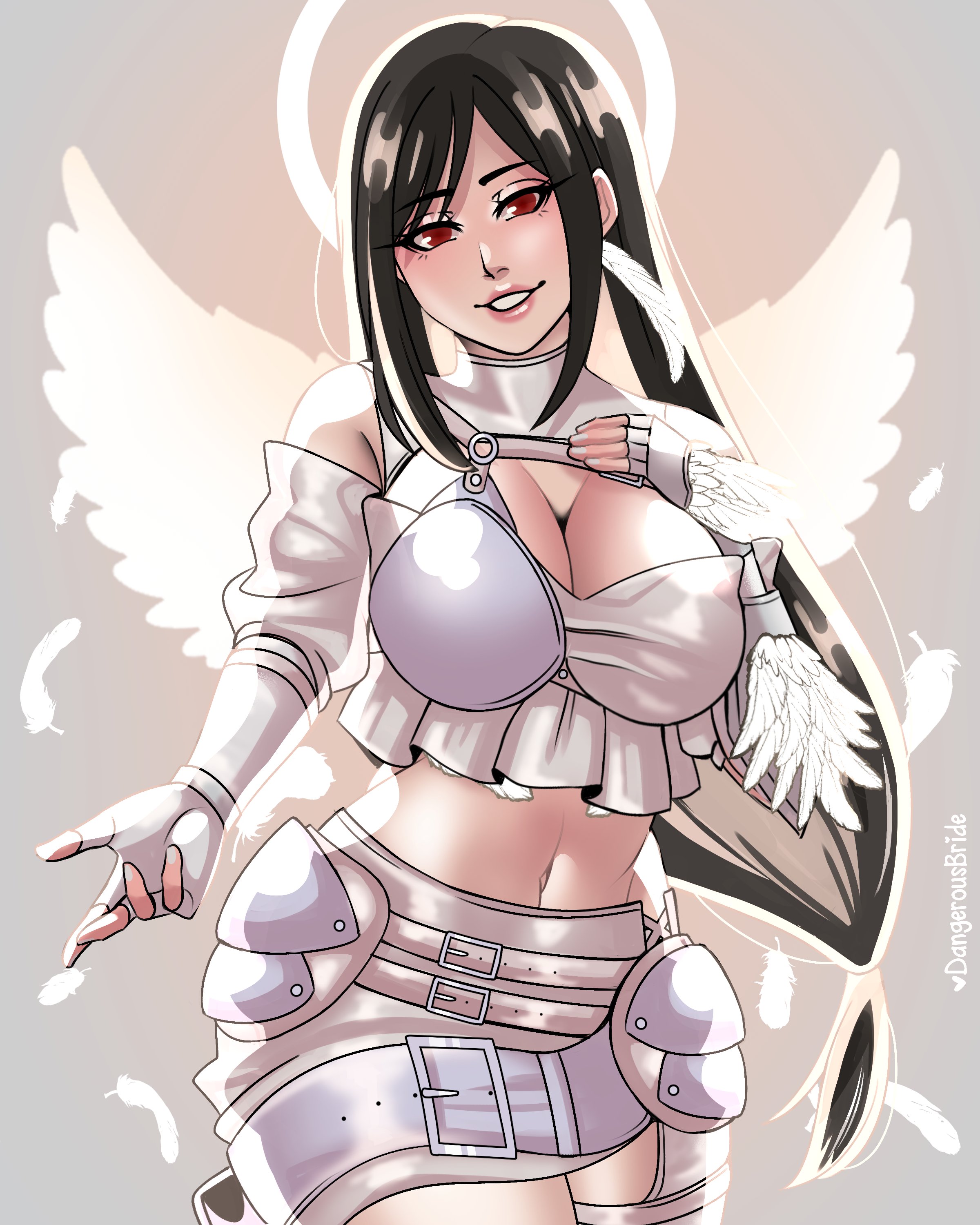 1girls, angel, angel wings, big breasts, black hair, breasts, dangerousbride, female, female only, final fantasy, final fantasy vii, final fantasy vii remake, grin, grinning at viewer, halo, long hair, looking at viewer, red eyes, smiling, smiling at viewer, solo, square enix, tifa lockhart, two-tone hair, very high resolution, white hair