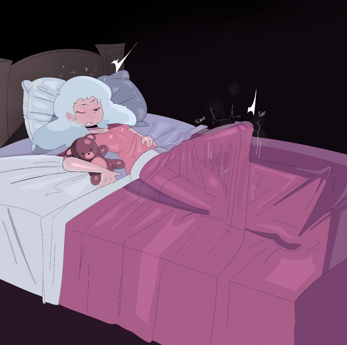 1futa, 2d, 2d (artwork), abbie (mindwave), bed head, bed sheet, big penis, erect penis, erection, erection under blanket, erection under clothes, full color, fully clothed, futa only, futanari, gradient background, huge cock, in bed, intersex, laying on bed, light-skinned futa, mindwave, morning wood, nipple bulge, penis, pink shirt, shake lines, sleepy, tayronnebr, tayuri, white hair