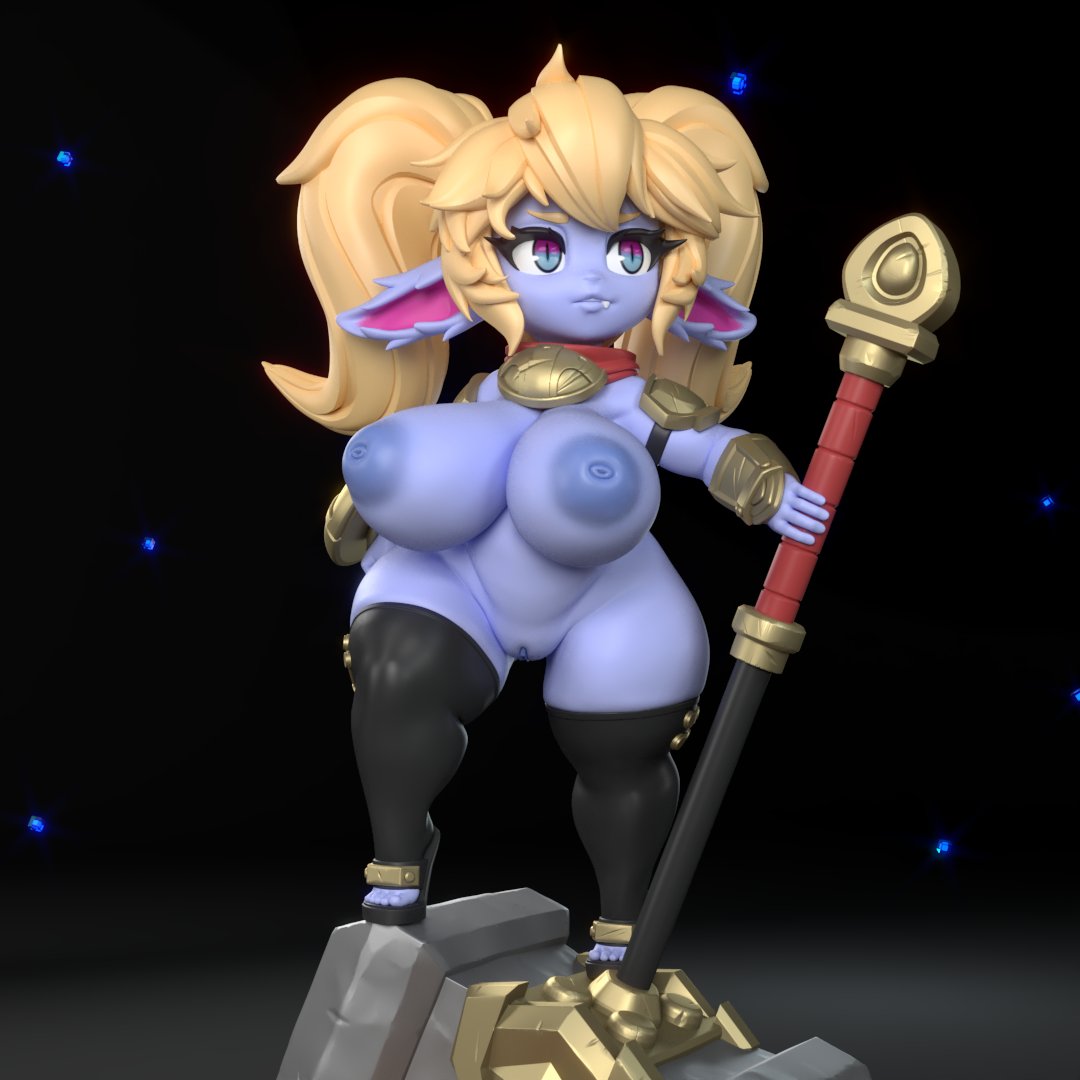 3d, areola, big breasts, black background, black clothing, black footwear, black legwear, black shoes, black thigh highs, blonde hair, blue areola, blue body, blue eyes, blue fur, blue nipples, breasts, casual, clothing, digital media (artwork), eyelashes, female, footwear, front view, fur, generalbuta, genitals, gradient background, grey background, hair, hammer, holding hammer, holding object, holding tool, holding weapon, huge breasts, humanoid, humanoid pointy ears, inverted nipples, league of legends, legwear, mostly nude, multicolored eyes, naked footwear, nipples, nonsexual, nonsexual nudity, pointy ears, poppy, purple eyes, pussy, riot games, short stack, simple background, snaggle tooth, solo, tencent, thick thighs, thigh highs, toeless footwear, tools, twintails, two tone eyes, vulva, weapon, wide hips, yordle