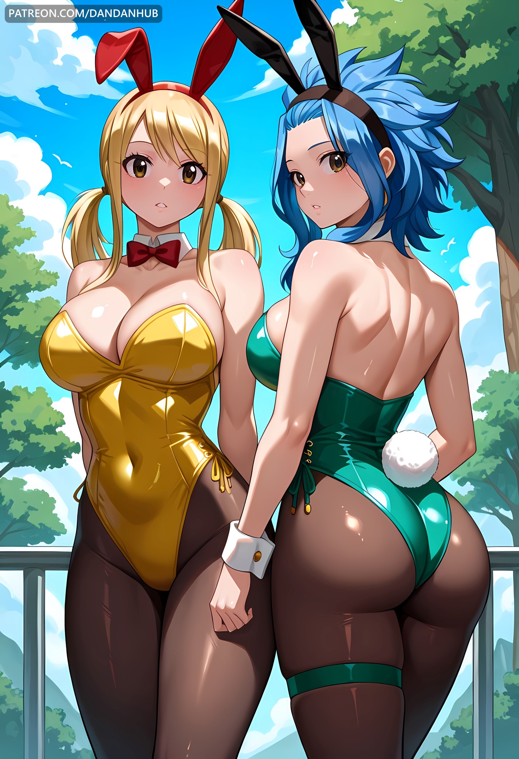 2girls, ai generated, animal ears, ass, bare shoulders, blonde hair, blonde-haired female, blue hair, blue sky, blue-haired female, bow, bowtie, breasts, brown eyes, cleavage, covered navel, dandanhub, day, detached collar, fairy tail, fake animal ears, female, female only, green leotard, highleg, highleg leotard, large breasts, leotard, levy mcgarden, long hair, looking at viewer, looking back, lucy heartfilia, multiple females, multiple girls, outdoors, pantyhose, parted lips, rabbit ears, rabbit tail, red bow, red bowtie, shiny, shiny clothes, sky, strapless, strapless leotard, tail, thigh strap, tree, twintails, wrist cuffs, yellow leotard