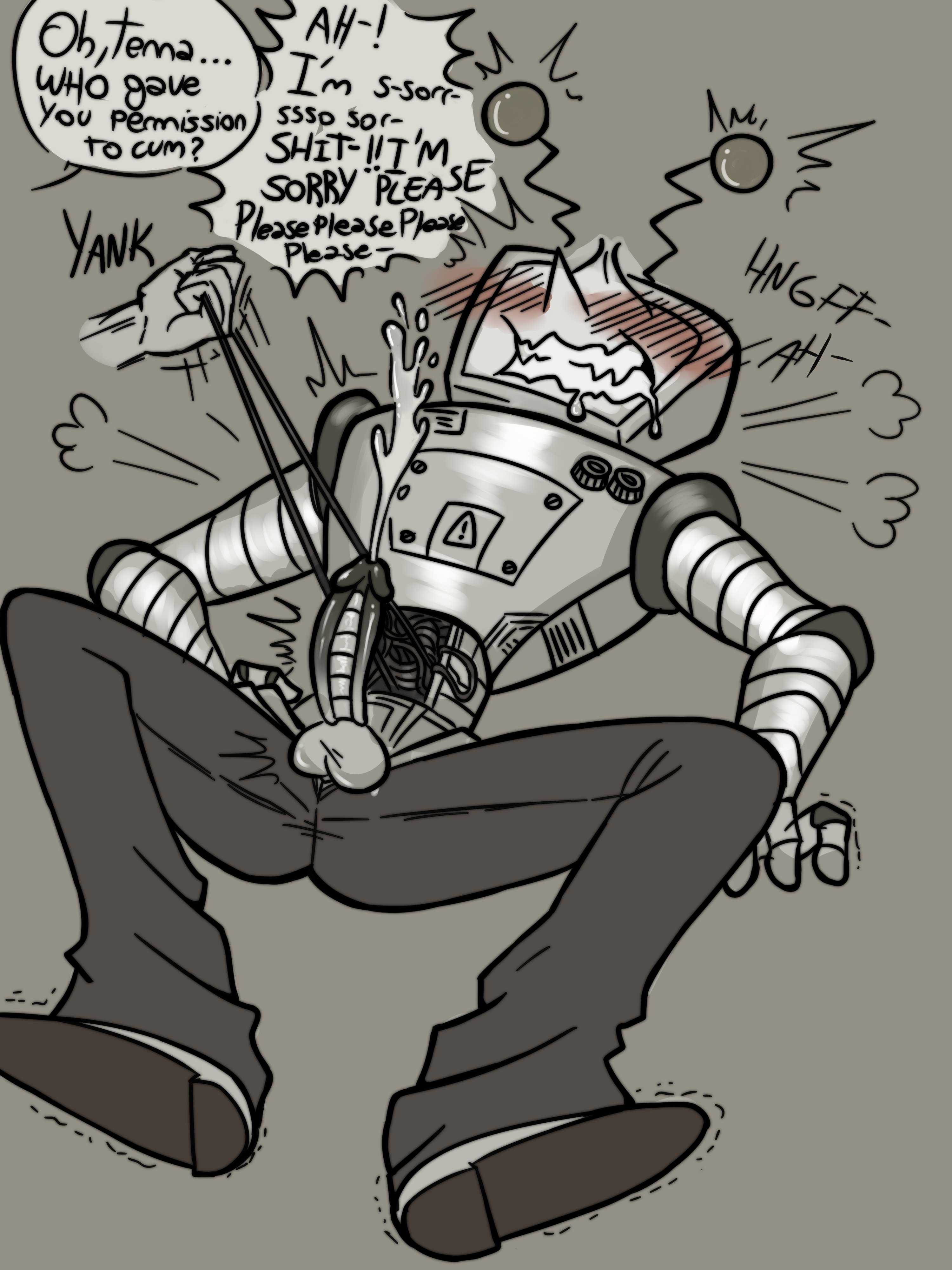 antennae (anatomy), apologizing, cumming, deltarune, ejaculation, letttusse, premature ejaculation, robot humanoid, shame, shaming, tenna (deltarune), text, text bubble, wire, wireplay